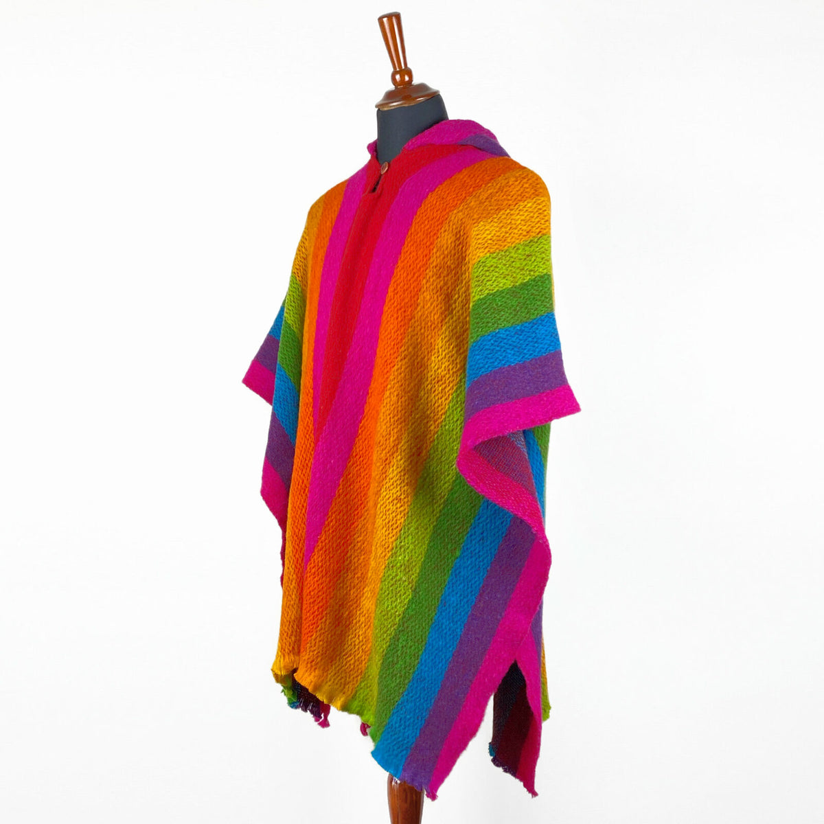 Llama Wool Unisex South American Handwoven Hooded Poncho - striped rai by ECUALAMA