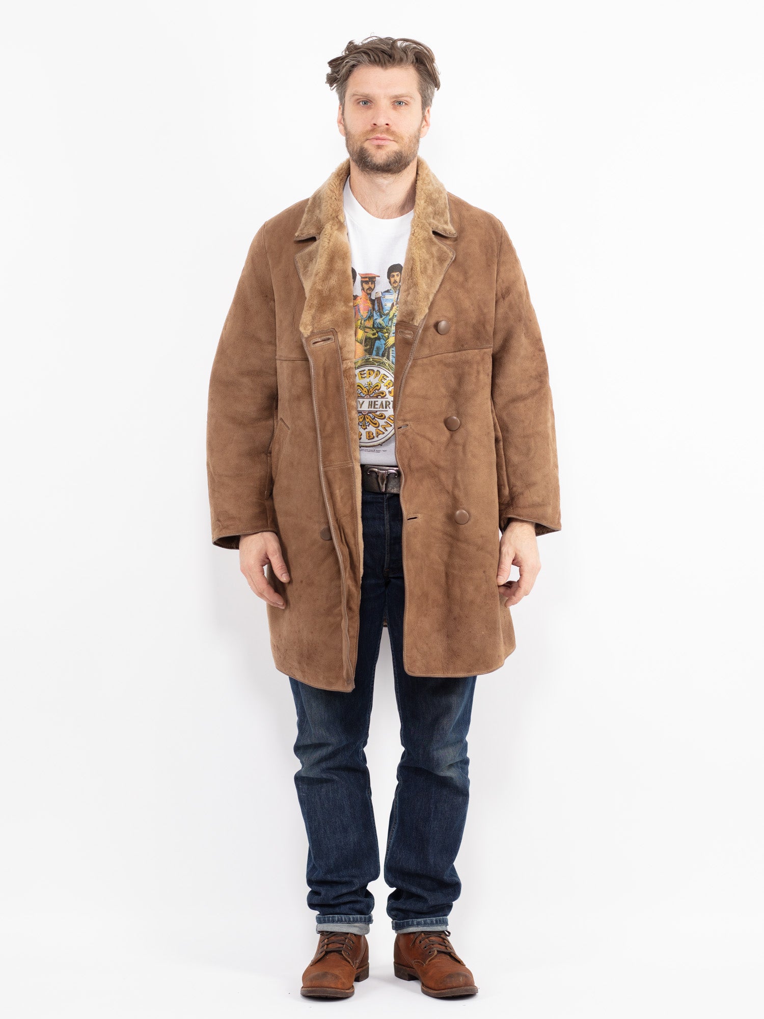 Vintage 70's Men Sheepskin Coat in Beige by Northern Grip