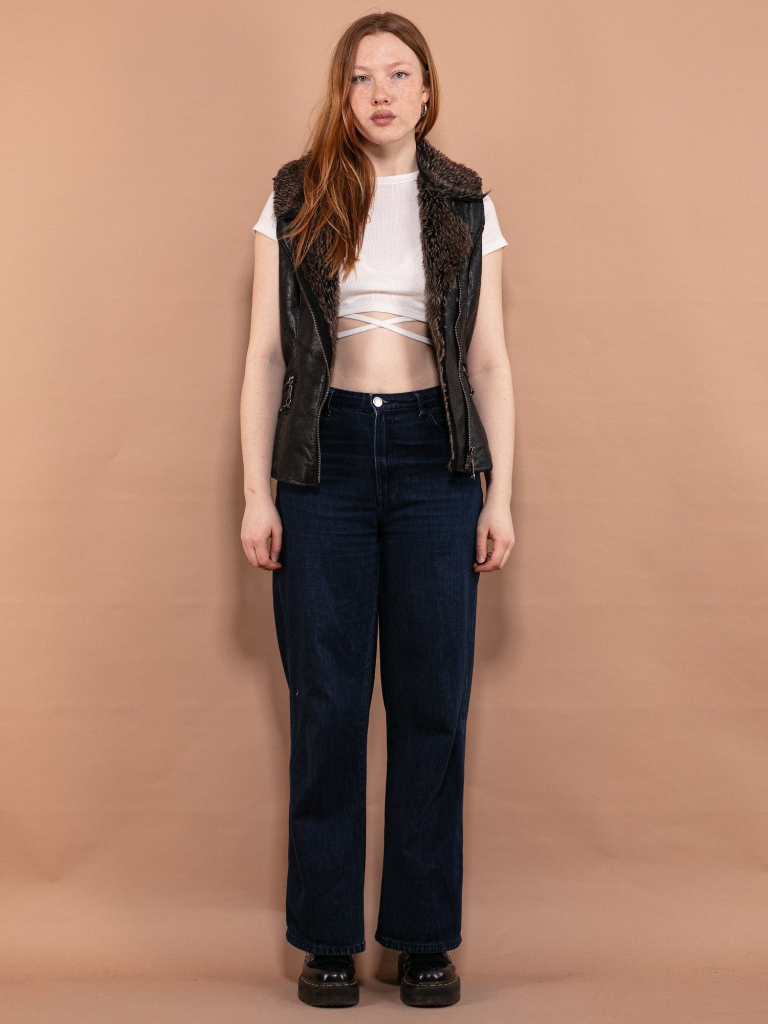 Vintage 00's Women Faux Leather Sherpa Vest in Black by Northern Grip