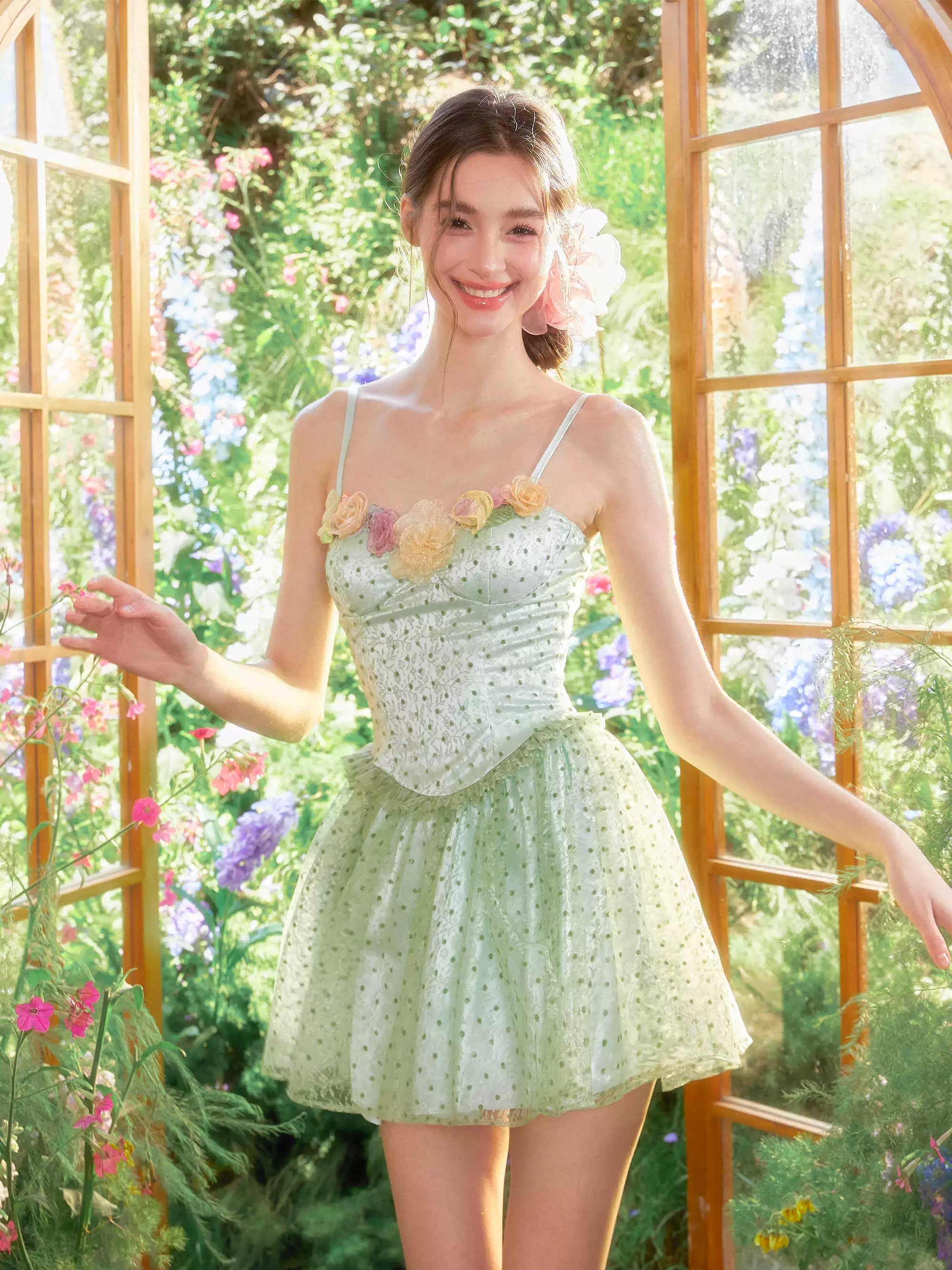 GirlyVibes Dress Mint Green Polka Dot Mesh Floral Dress – YZZI HE by Land Decora