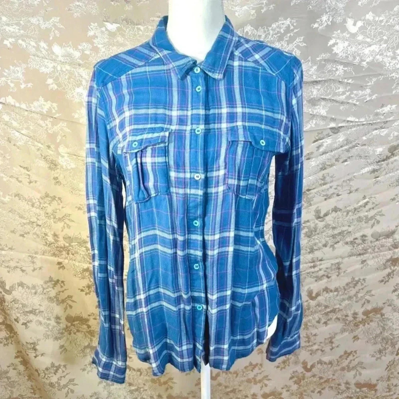 PAIGE Denim Mya Plaid Pocket Long Sleeve Shirt Nocturnal Blue Fog Size by Hot Girl Secondhand