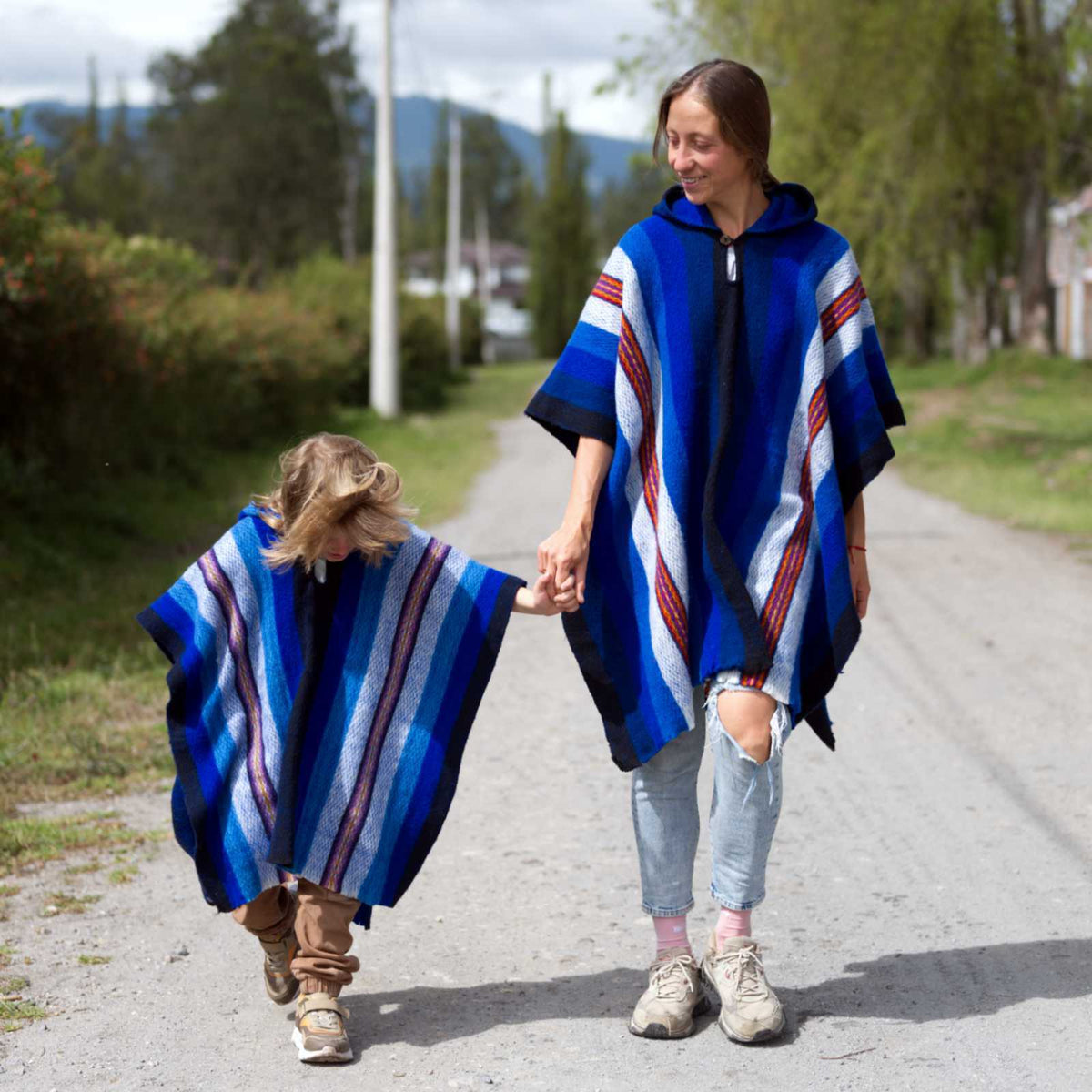 Llama Wool Unisex South American Handwoven Hooded Poncho - blue by ECUALAMA