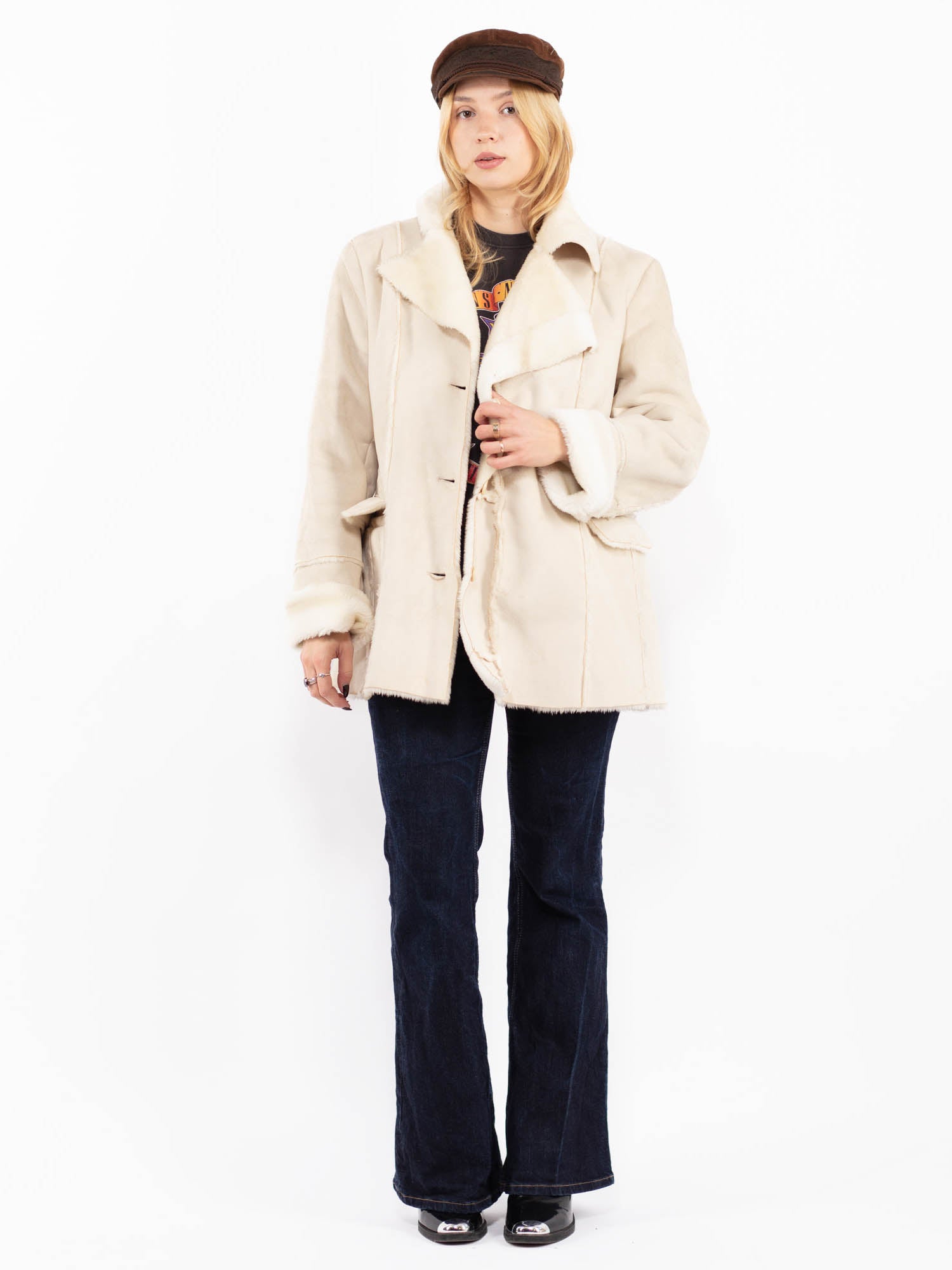 Vintage 00's Women Faux Sheepskin Coat in White by Northern Grip