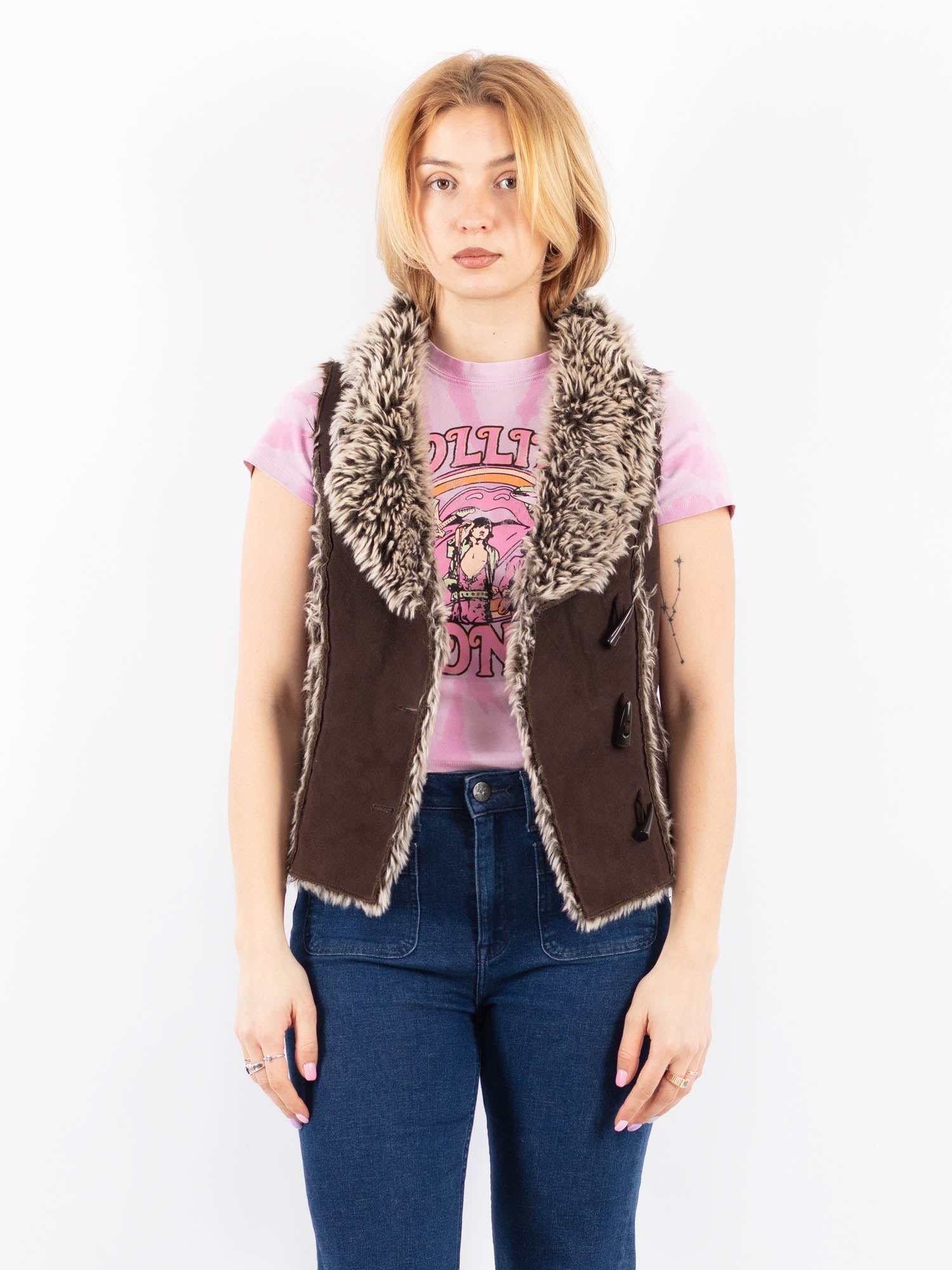 Vintage 00's Women Faux Sheepskin Vest in Brown by Northern Grip