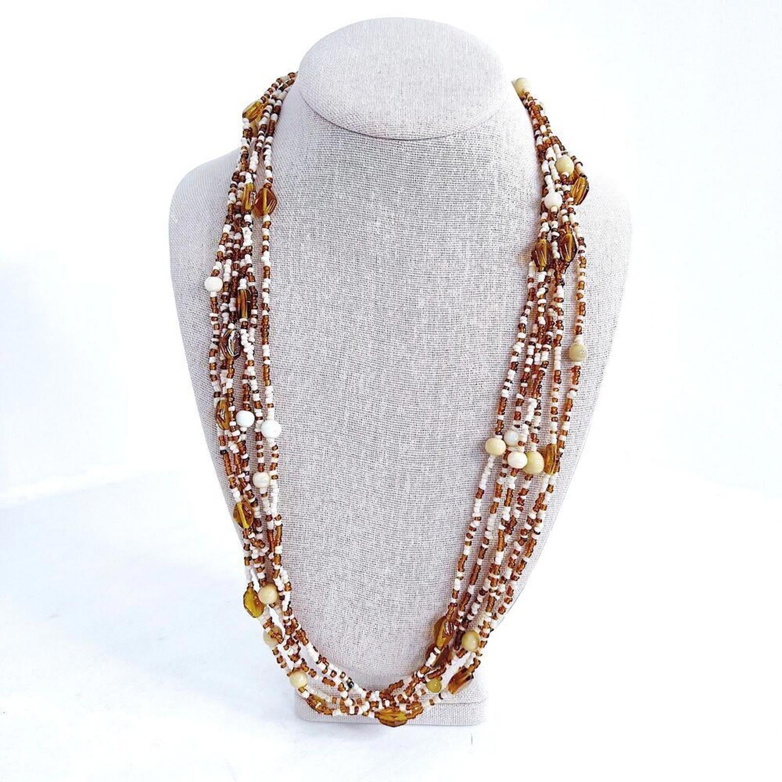 Brown and White Beaded Multistrand Seed Bead Statement Necklace Boho by Hot Girl Secondhand