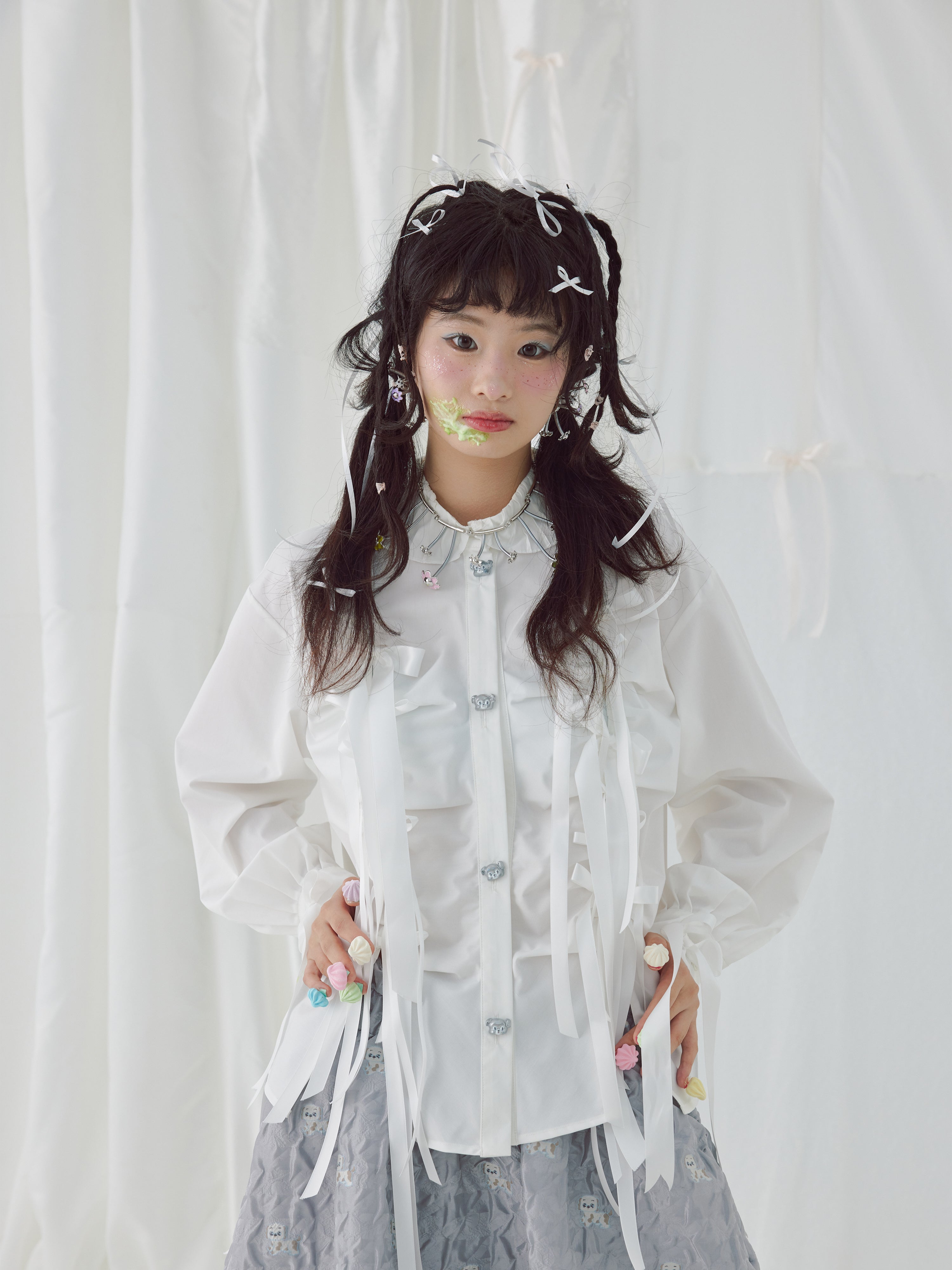 Harajuku Shirt Bow Ribbon Pleated Cute Metal Button Shirt - HELPHELP by Land Decora