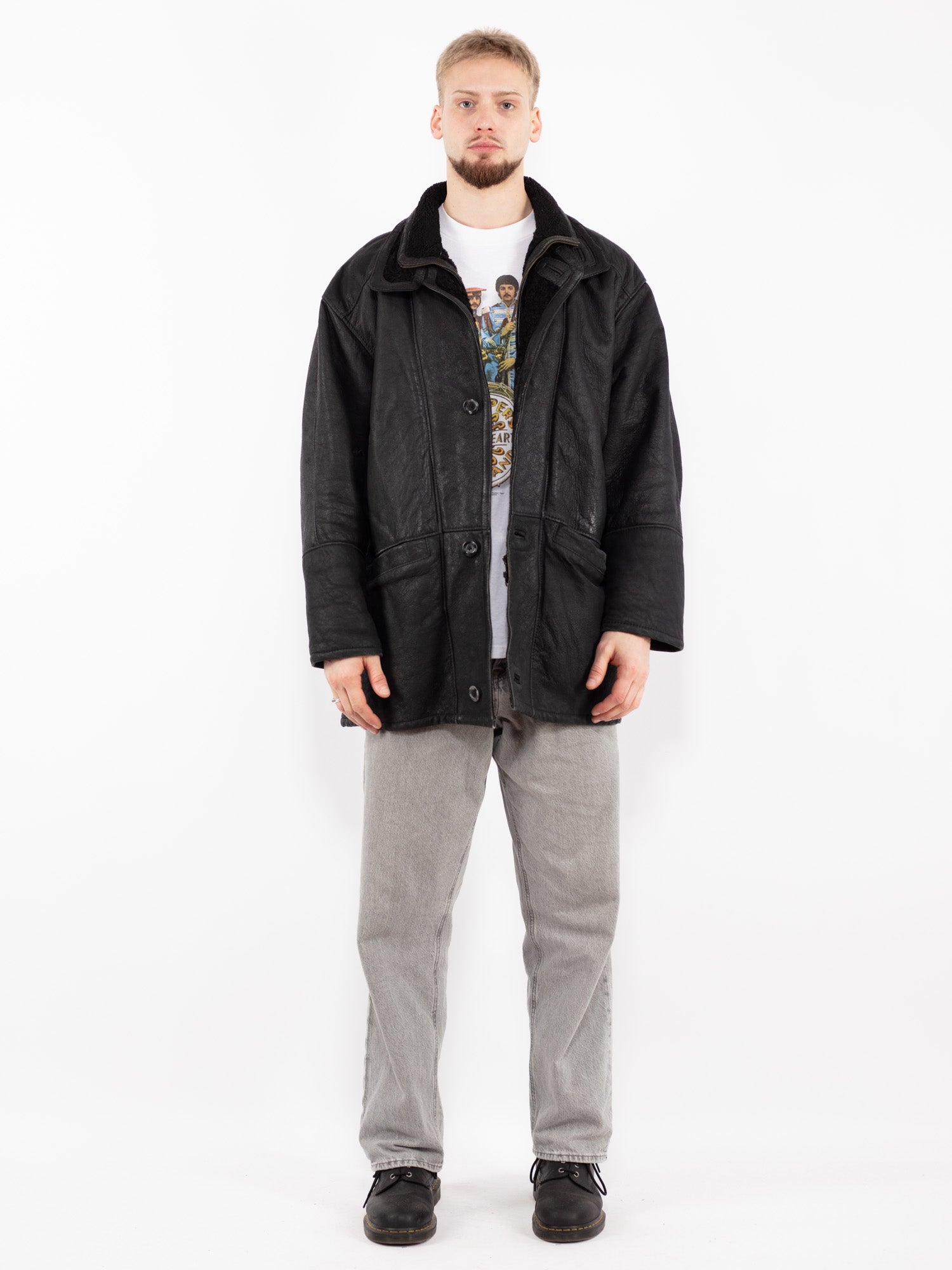 Vintage 90's Men Sheepskin Coat in Black by Northern Grip