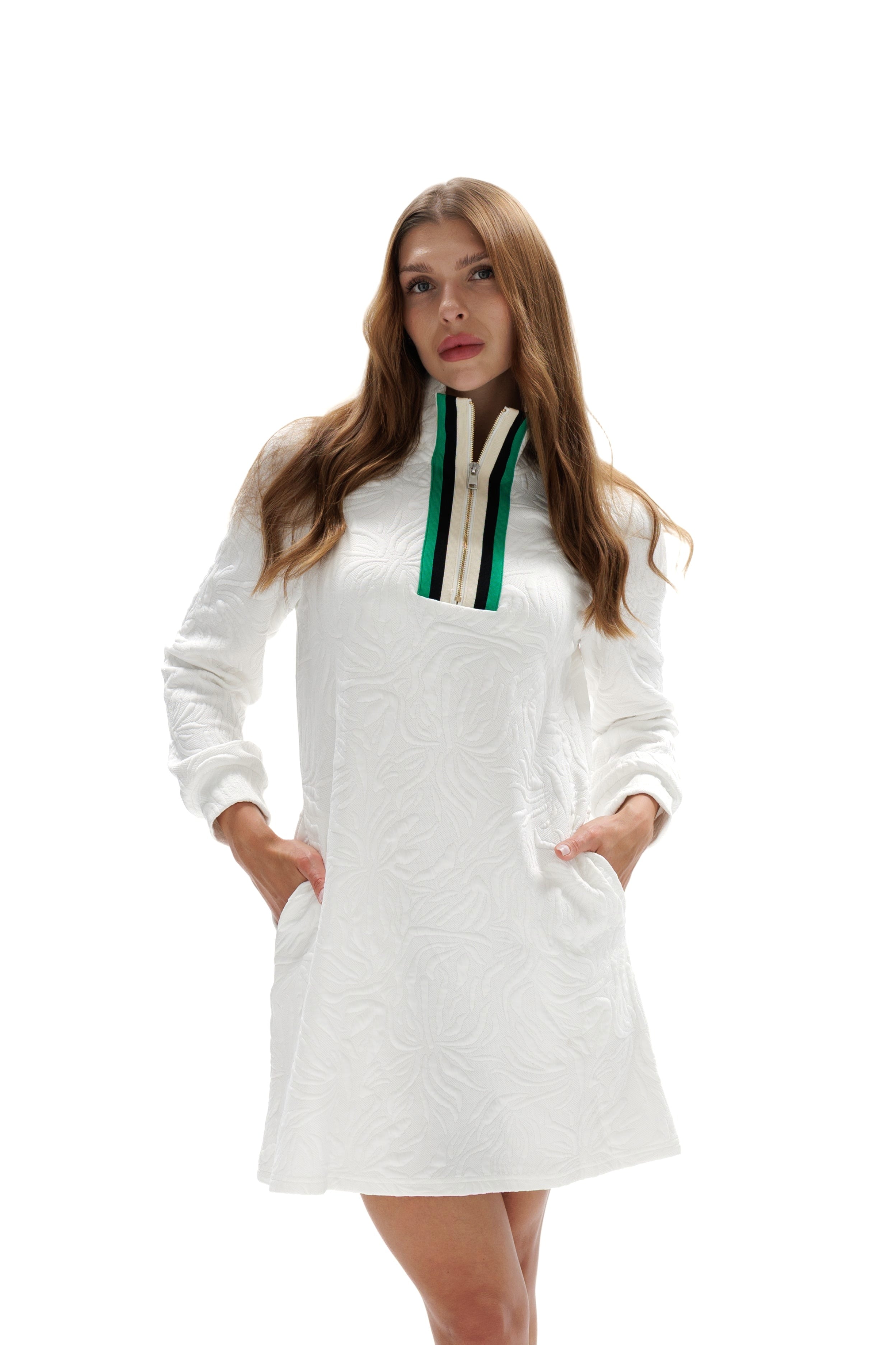 Brocade Textured White Mini Dress with Zipper: Stylish Vacation/Weekend Wear by Shore Darling Co.