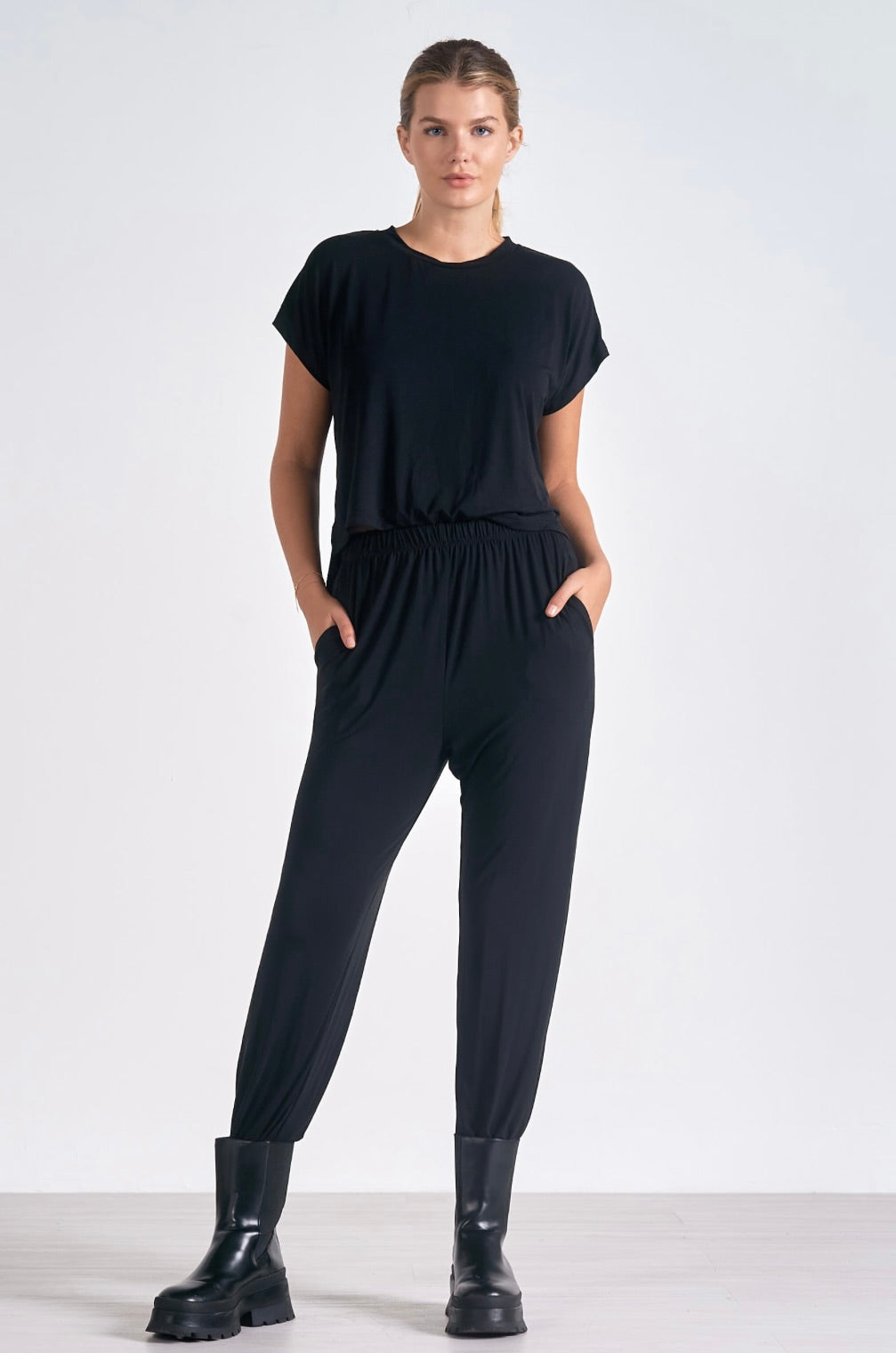 T-Shirt Jogger Jumpsuit - Black by Sierra Deene