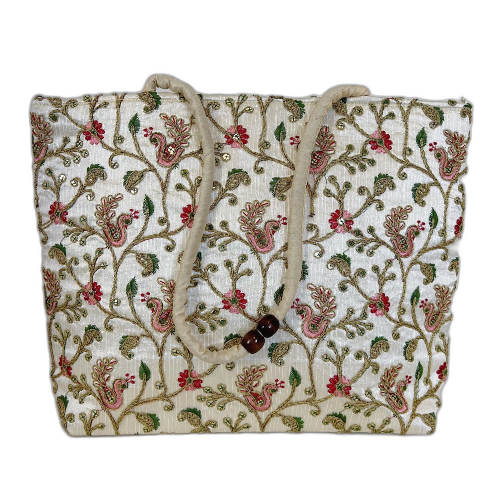 Beautiful Indian Peacock Floral Embroidered Champagne Tote Bag Pink Gr by Hot Girl Secondhand