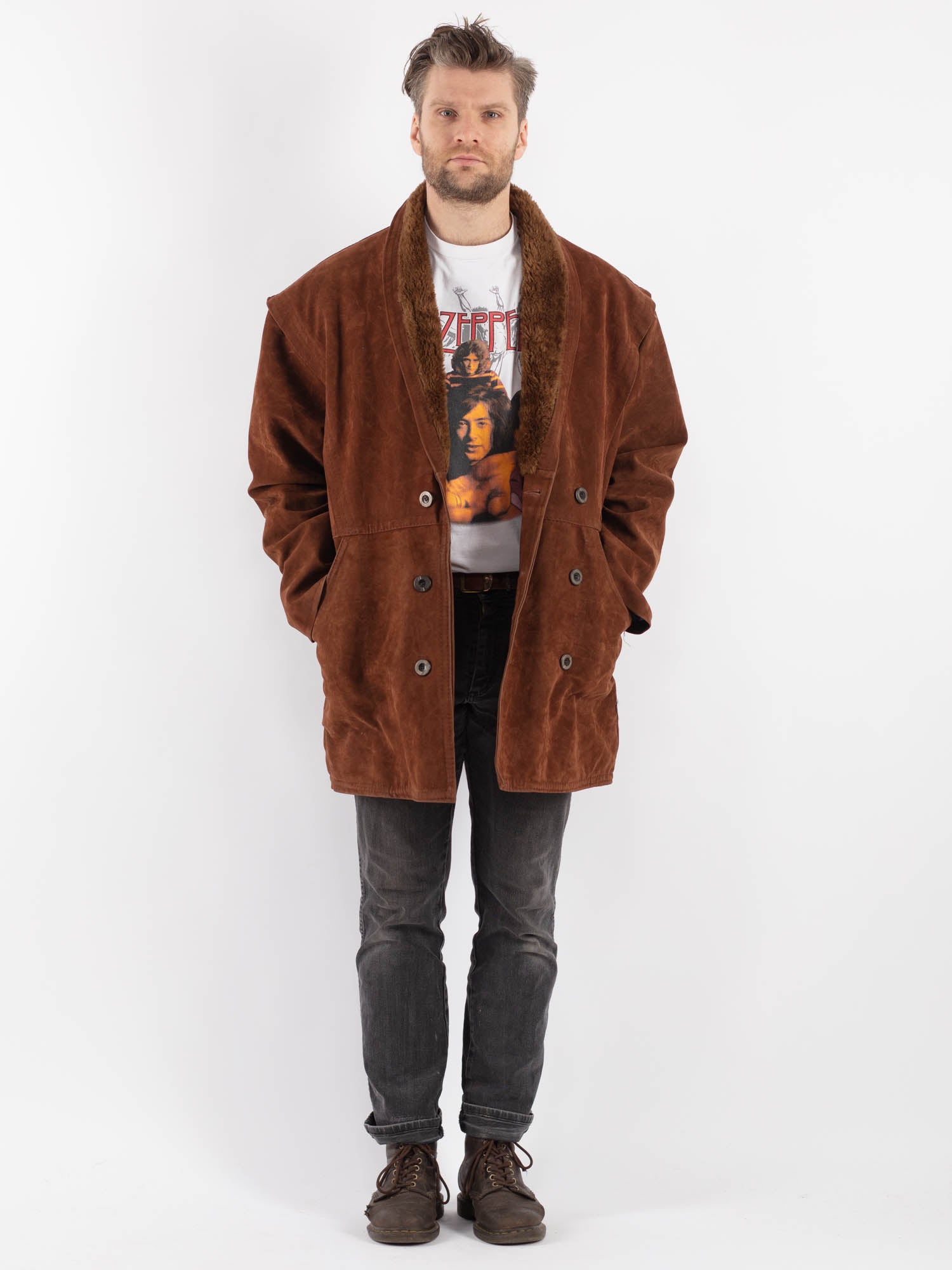Vintage 90's Men Faux Sheepskin Coat in Brown by Northern Grip