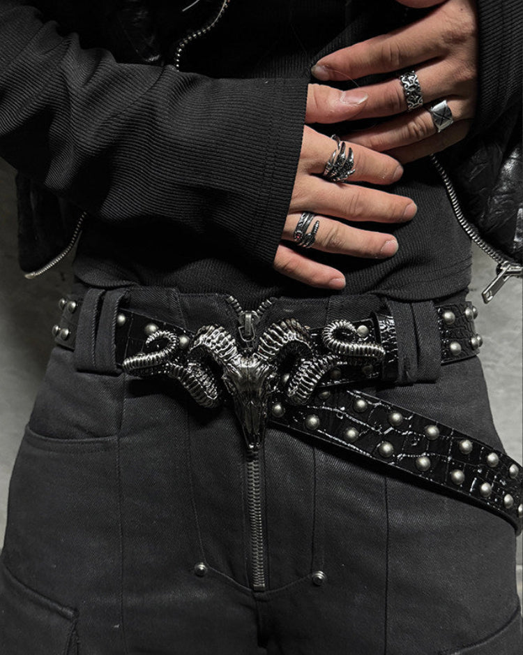 Ram Skull Studded Leather Belt by OFFCULTURE