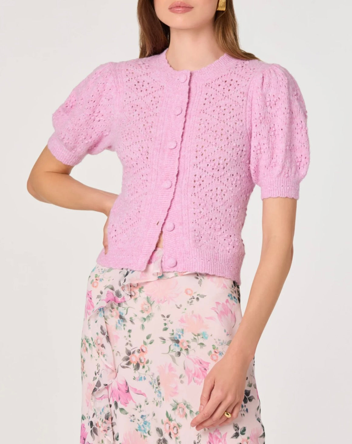ASTR The Label Kaydence Puff Sleeve Bobble Stitch Cardigan by Sierra Deene