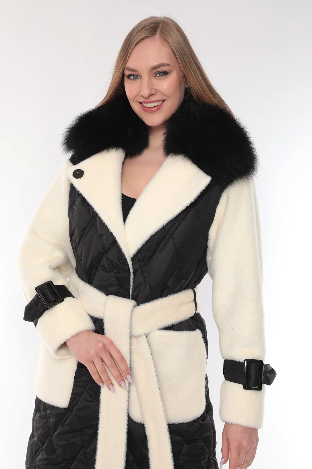 Elegant Buffy and Lama Wool Coat with Black Fox Fur Trim by Kolleen Boutique
