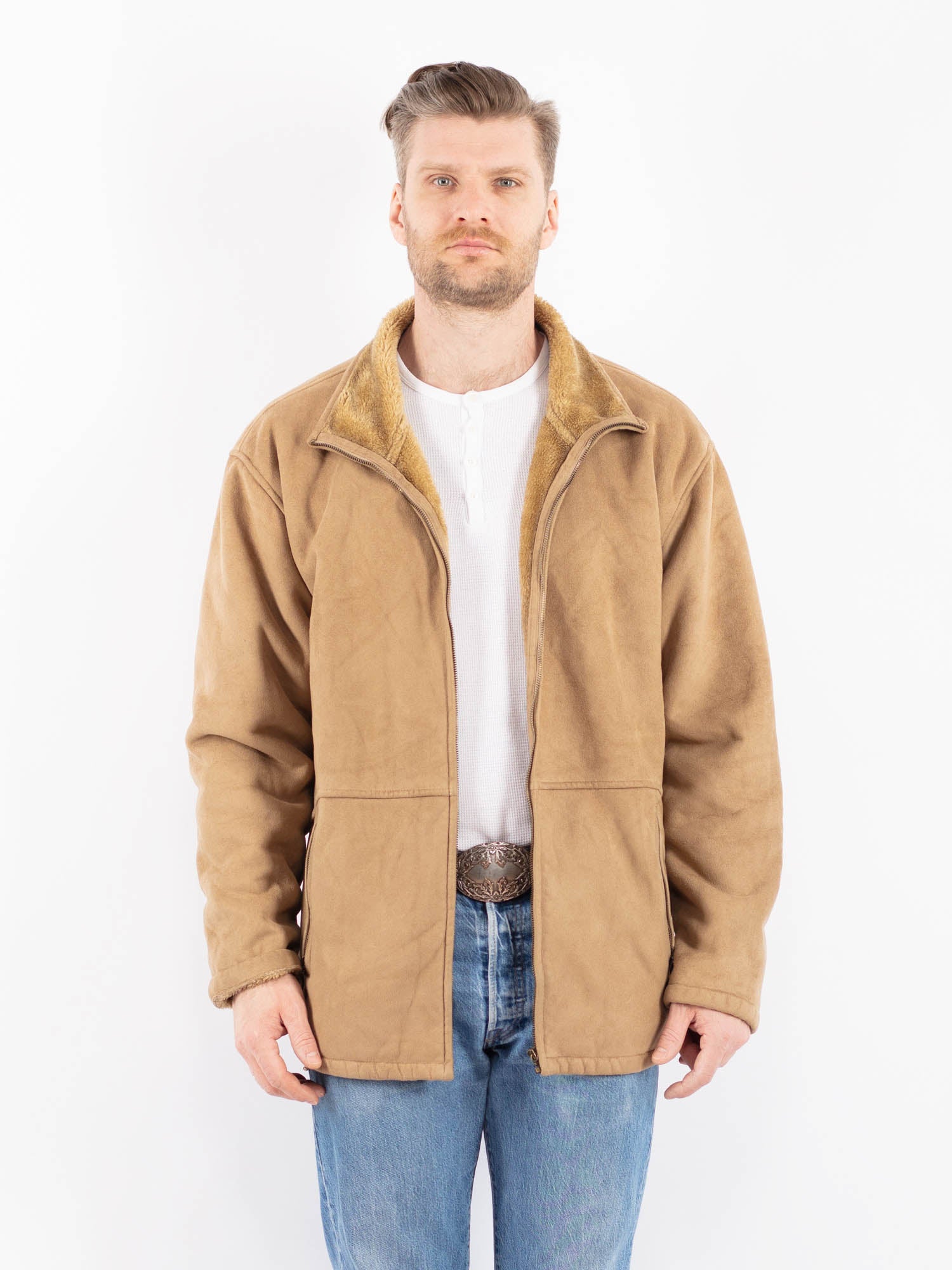 Vintage 00's Men Faux Sheepskin Jacket in Beige by Northern Grip