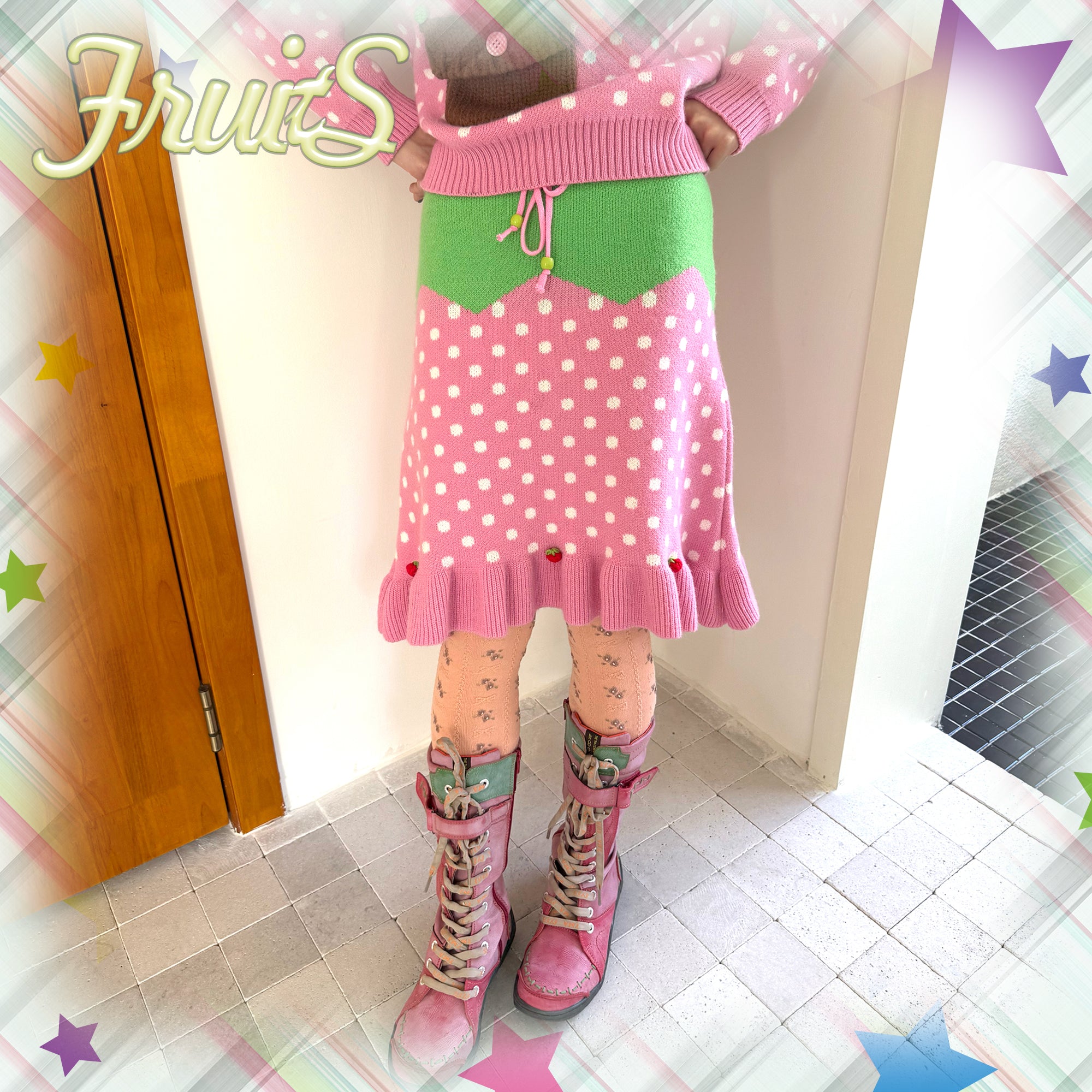 Kawaii Strawberry Polka Dot Knit Skirt - FRUITS by Land Decora