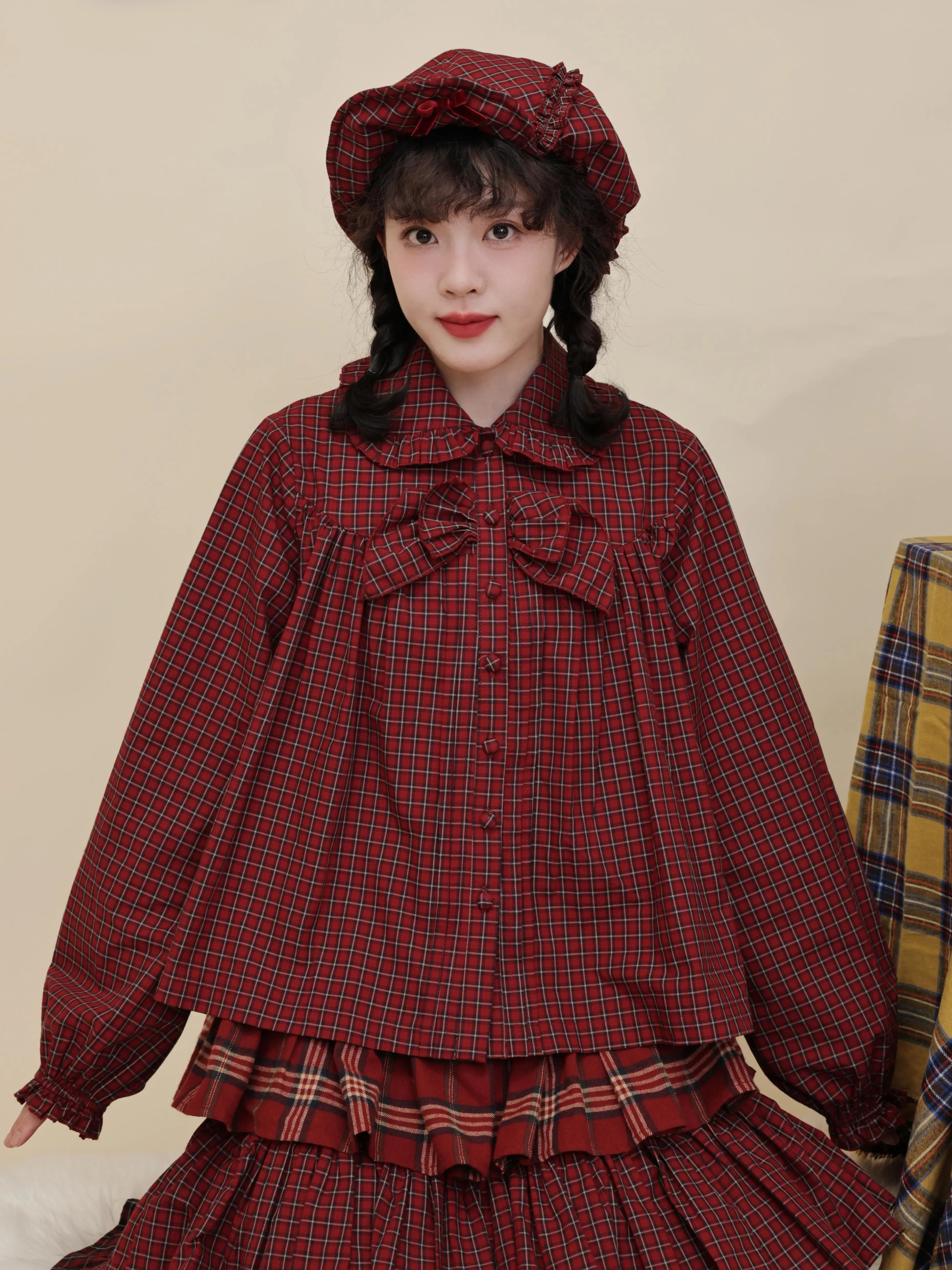 Kawaii Blouse Red Plaid Lace Bow Loose Fit - SemenCoicis by Land Decora