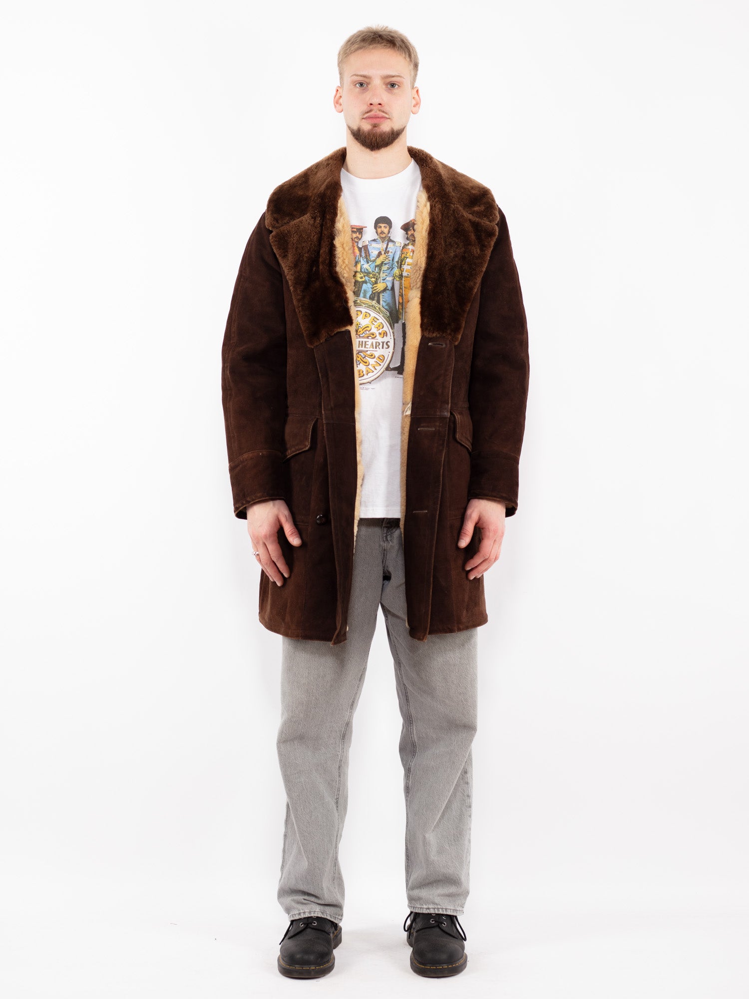 Vintage 70's Men Sheepskin Shearling Coat in Brown by Northern Grip