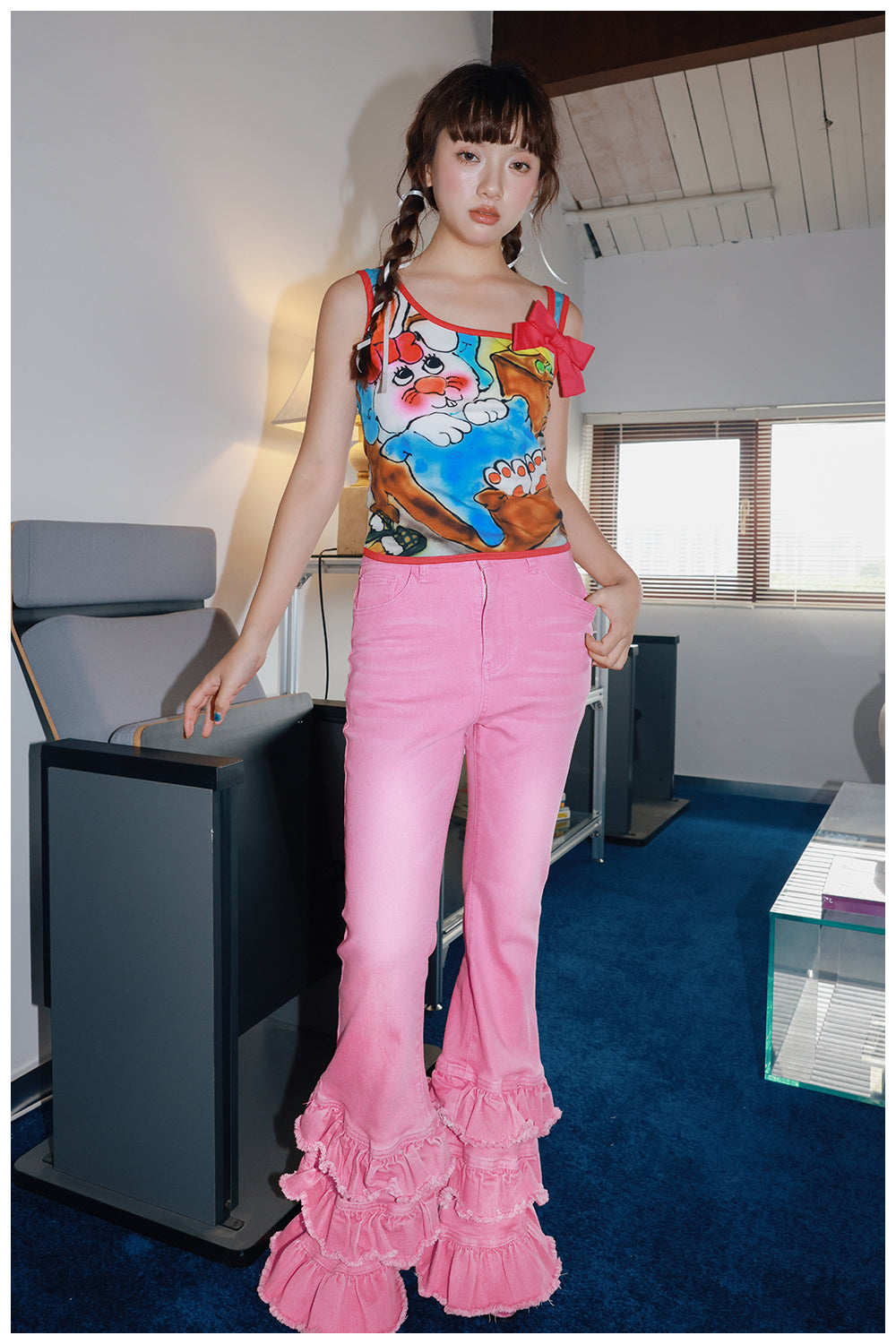 Tntntutu Decora Kei Pink Lace Flared Pants by Land Decora