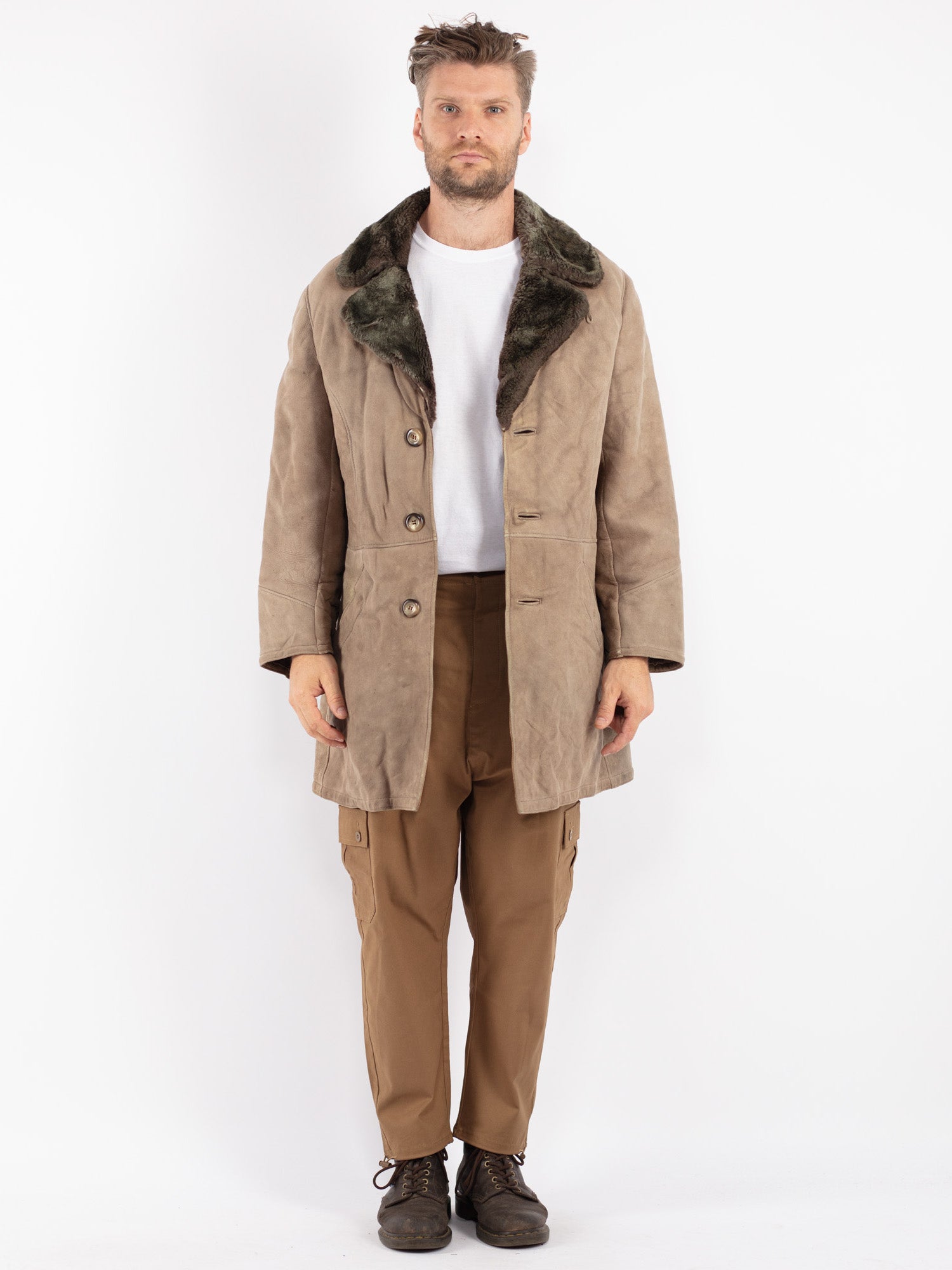 Vintage 70's Men Sheepskin Coat in Beige by Northern Grip