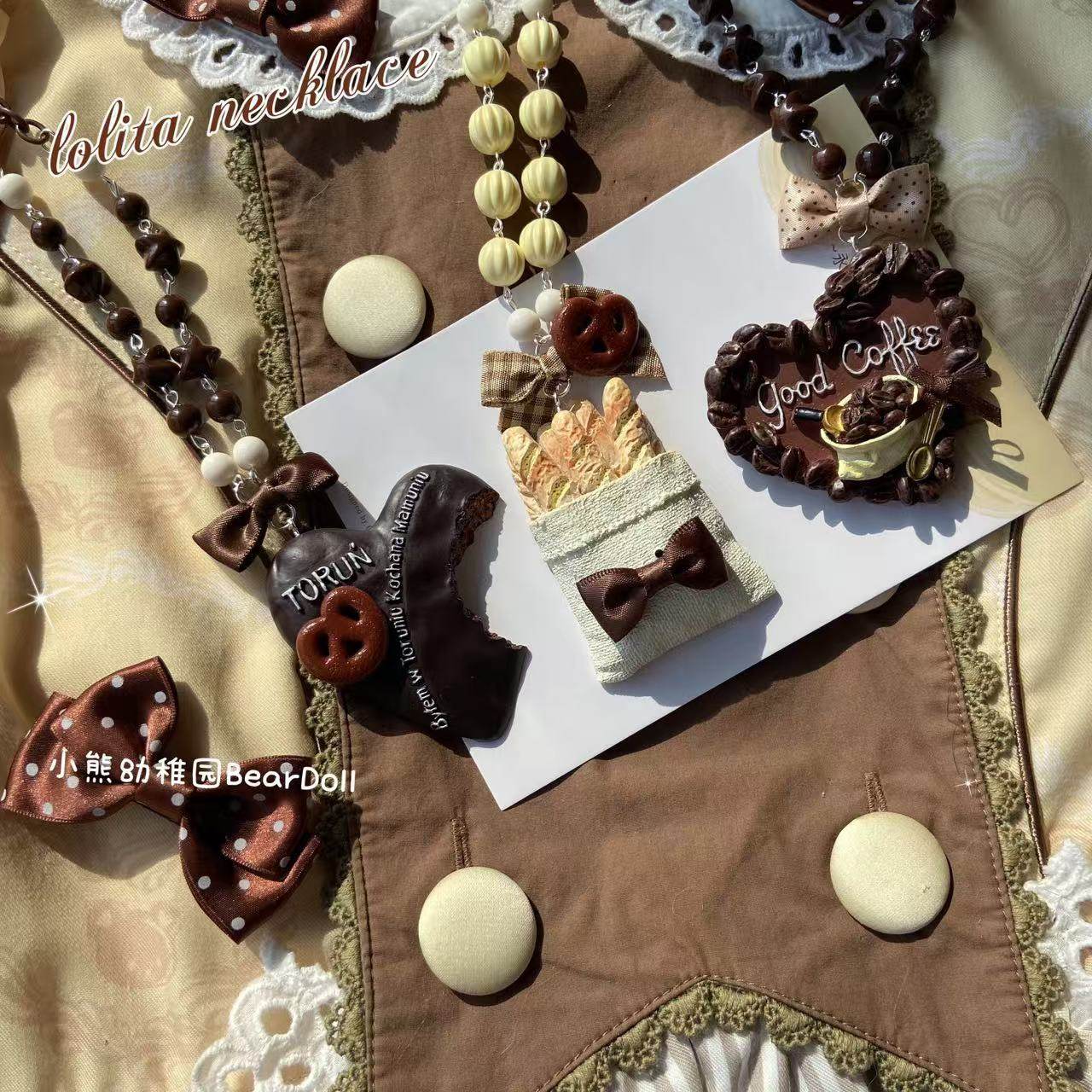 Kawaii Chocolate Coffee Bread Necklace - Bear Doll by Land Decora