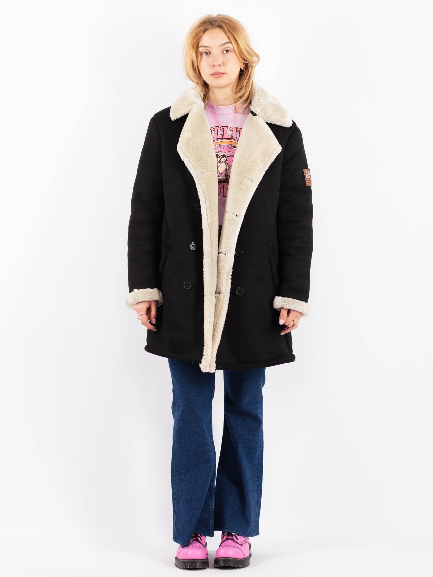 Vintage 00's Women Faux Sheepskin Coat in Black by Northern Grip