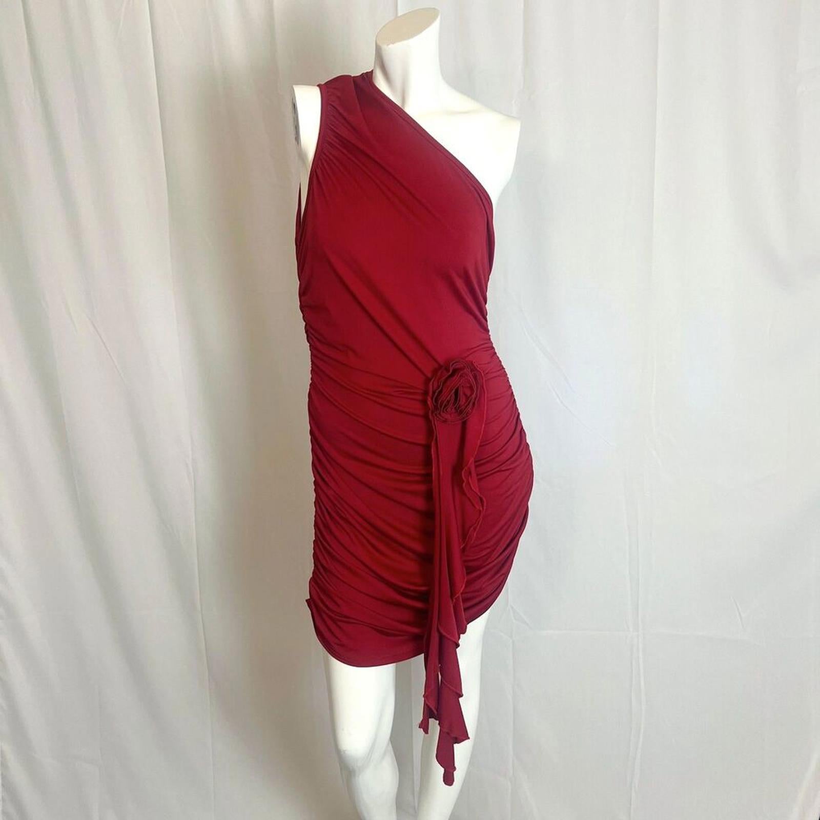 Dark Red One Shoulder Asymmetrical Mini Dress Ruched Bodycon Flower Si by Hot Girl Secondhand
