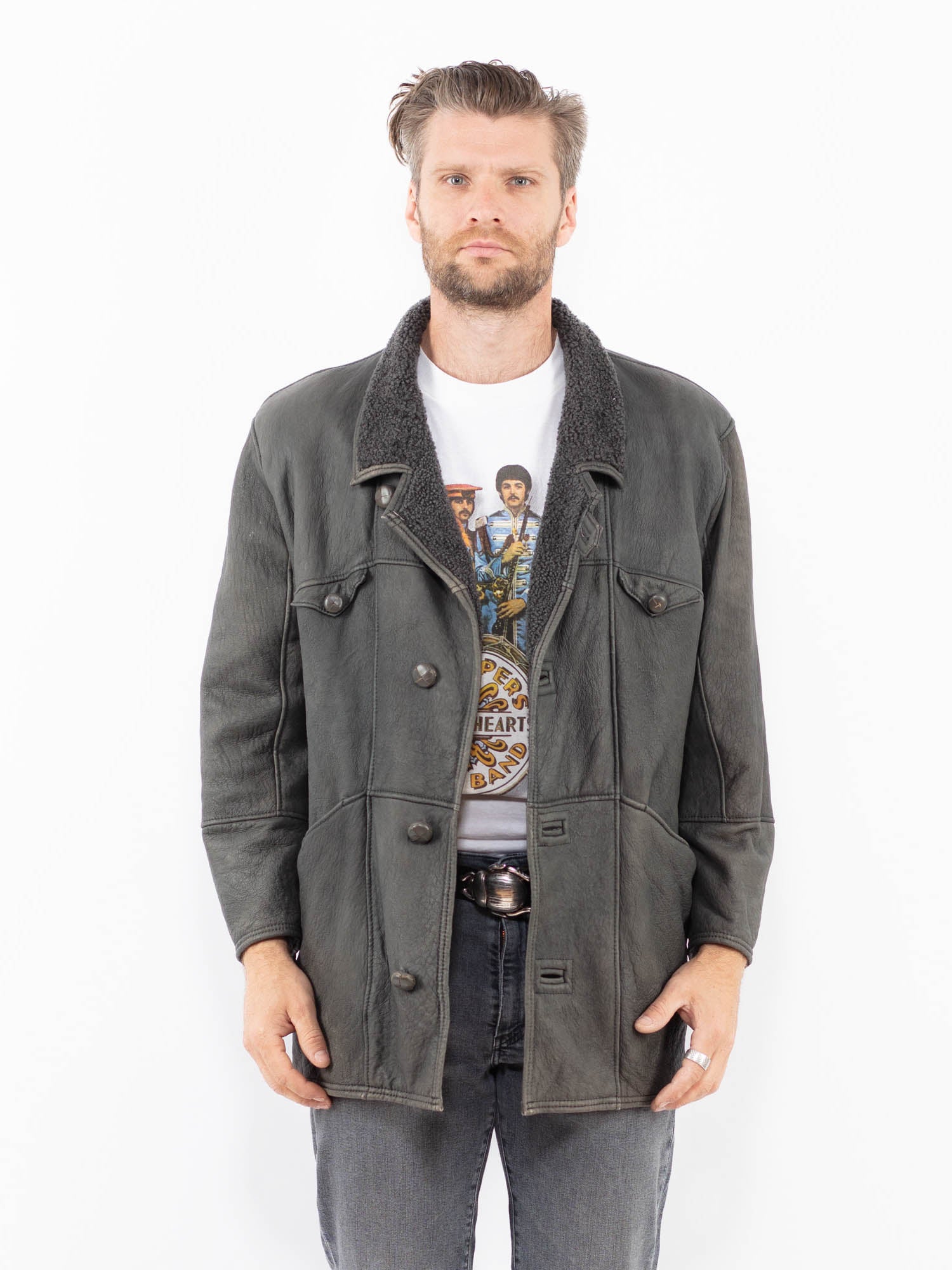 Vintage 80's Men Sheepskin Coat in Gray by Northern Grip