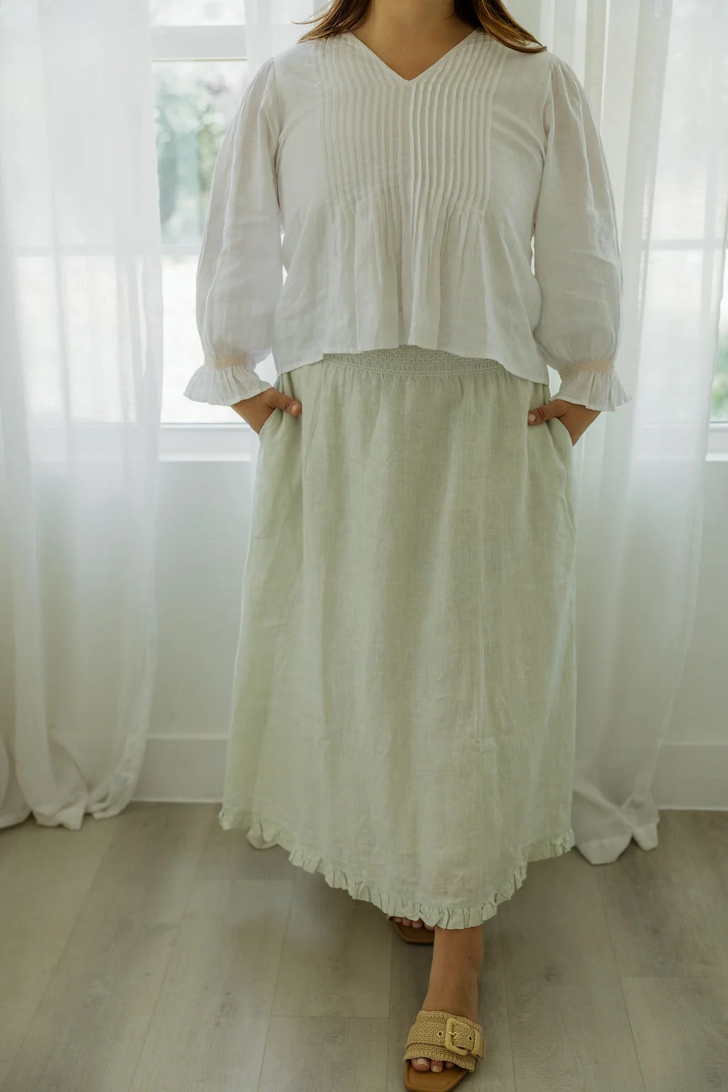 Beth Maxi Skirt - Eucalyptus 100% Linen by Road to Rodanthe