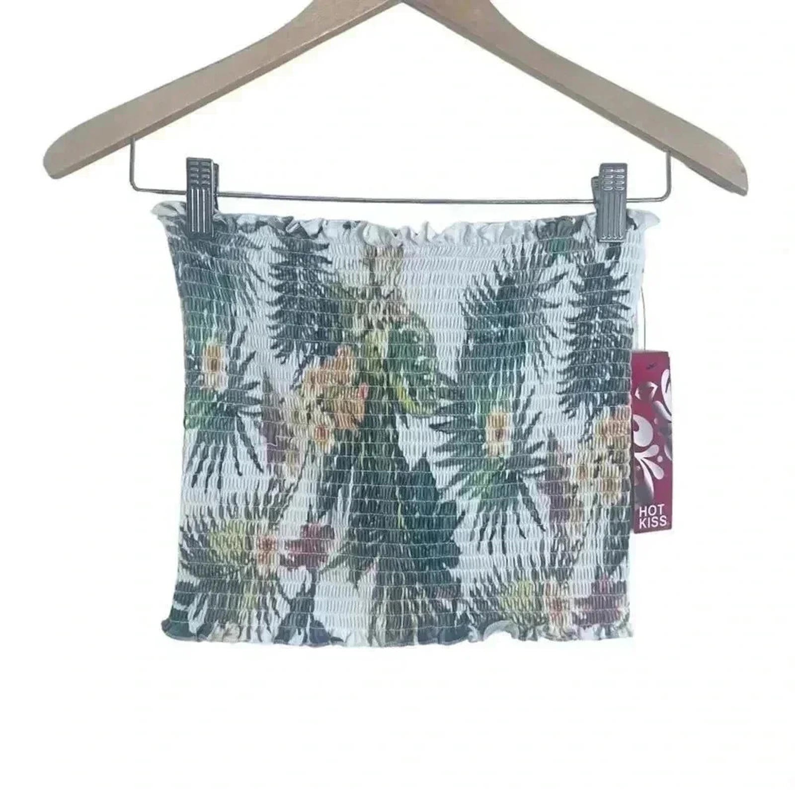 NWT Hot Kiss Green White Tropical Smocked Tube Top Summer Beach Vacati by Hot Girl Secondhand