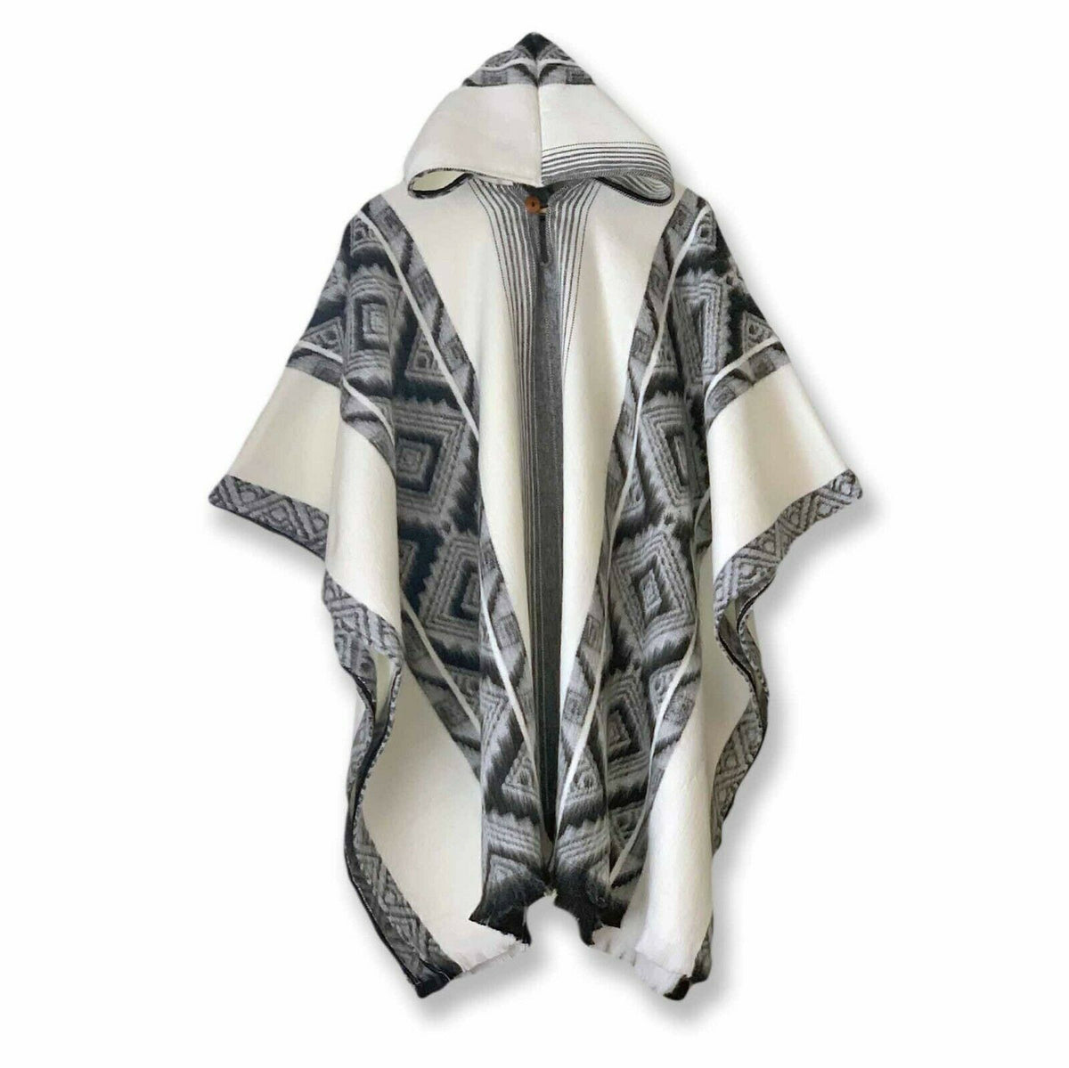 Lightweight Baby Alpaca Wool Hooded Unisex Poncho Pullover - White With Diamonds Pattern by ECUALAMA