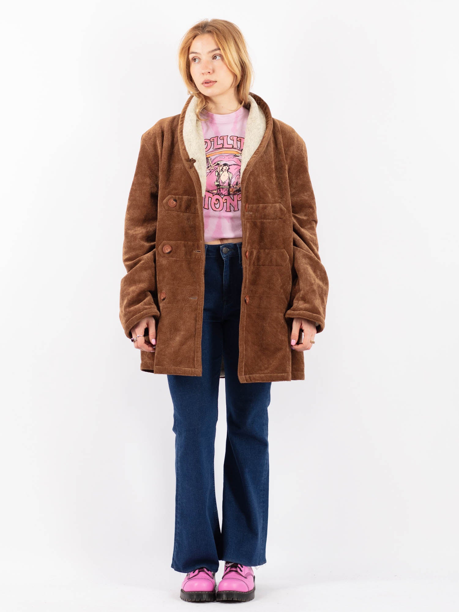 Vintage 90's Women Faux Sheepskin Coat in Brown by Northern Grip