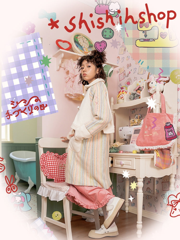shishihshop Original Rainbow Coat | Pastel Wool Blend Knit Coat by Land Decora