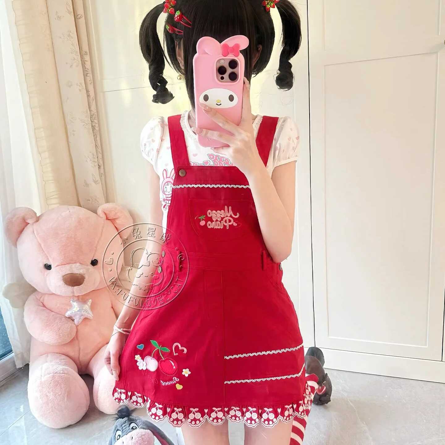 Jojifuku Cherry Red Pinafore Dress - Bunny Planet by Land Decora