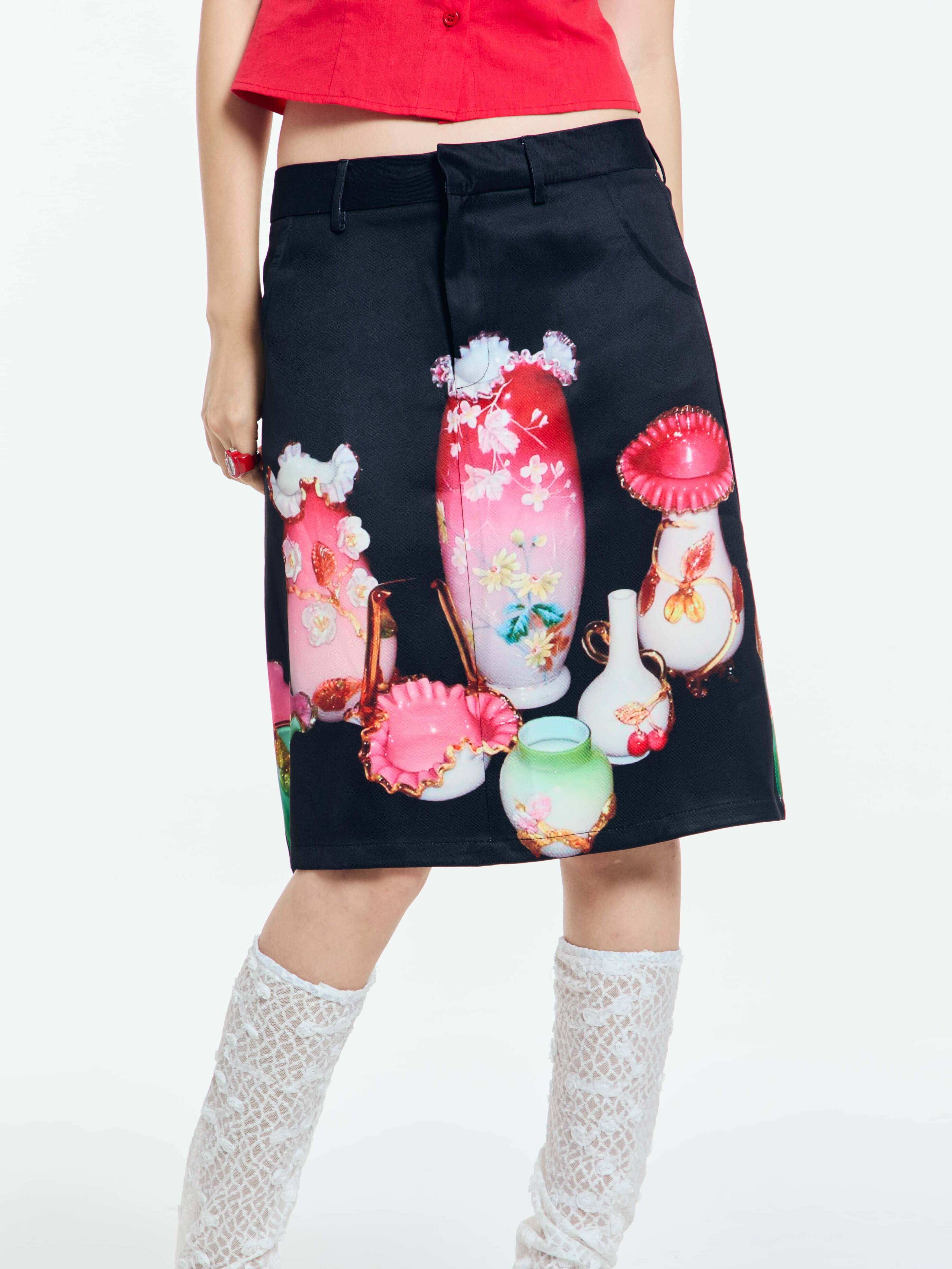 Vintage Porcelain Print Midi Skirt - Have a Meal by Land Decora