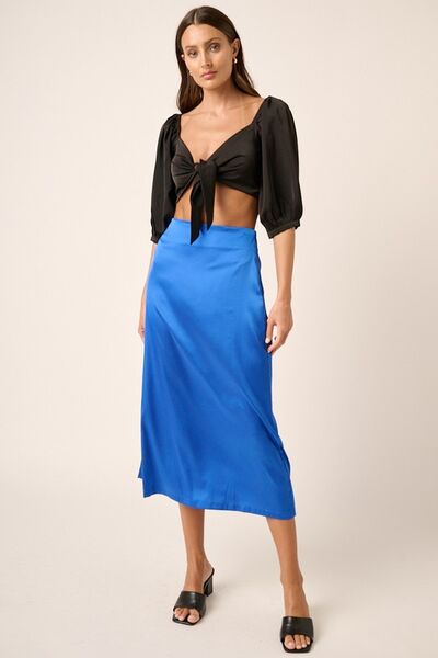 SIDE SLIT SATIN MIDI SKIRT by RAËLIV