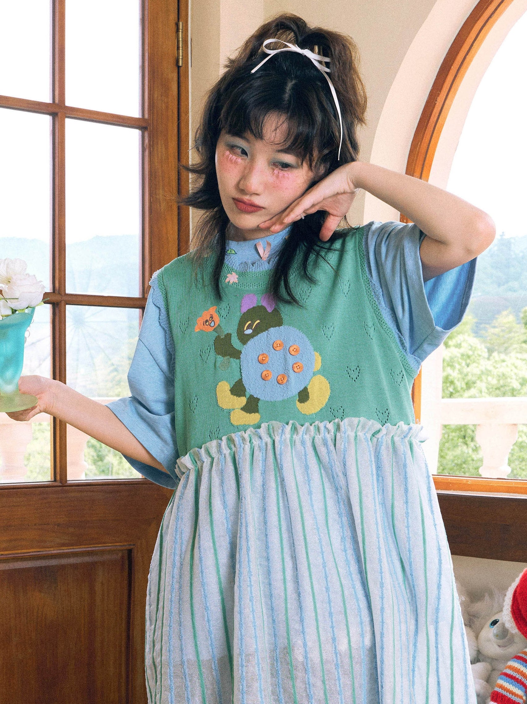 Harajuku Dress Knitted Jacquard Dress Ladybug Handmade Dress Mesh Vest Dress Garden Series Dress - HELPHELP by Land Decora