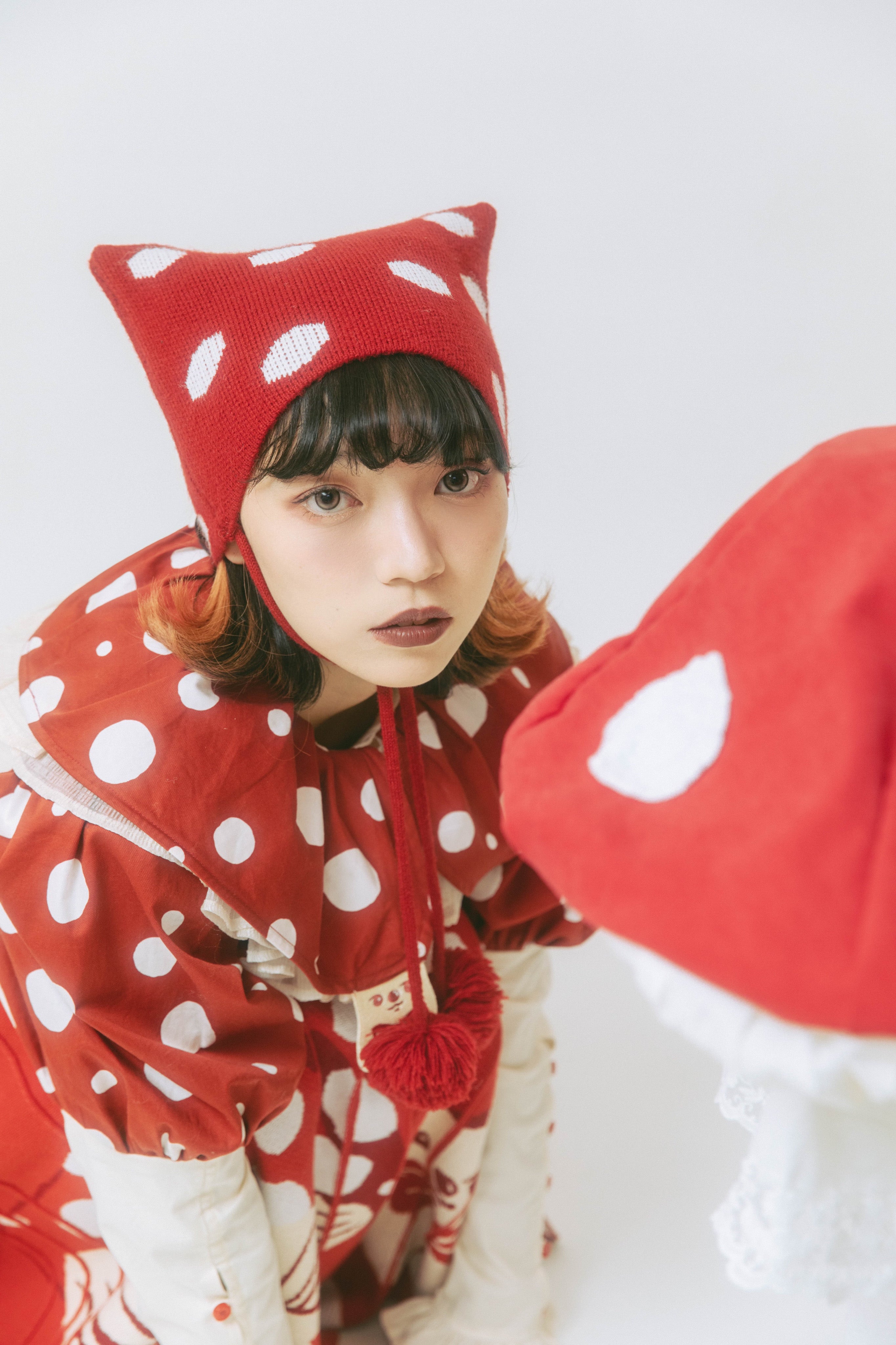 Meugler Fantasy Circus Mushroom Polka Dot Cat Ear Knitted Hat – 2-in-1 Hat & Bag by Land Decora