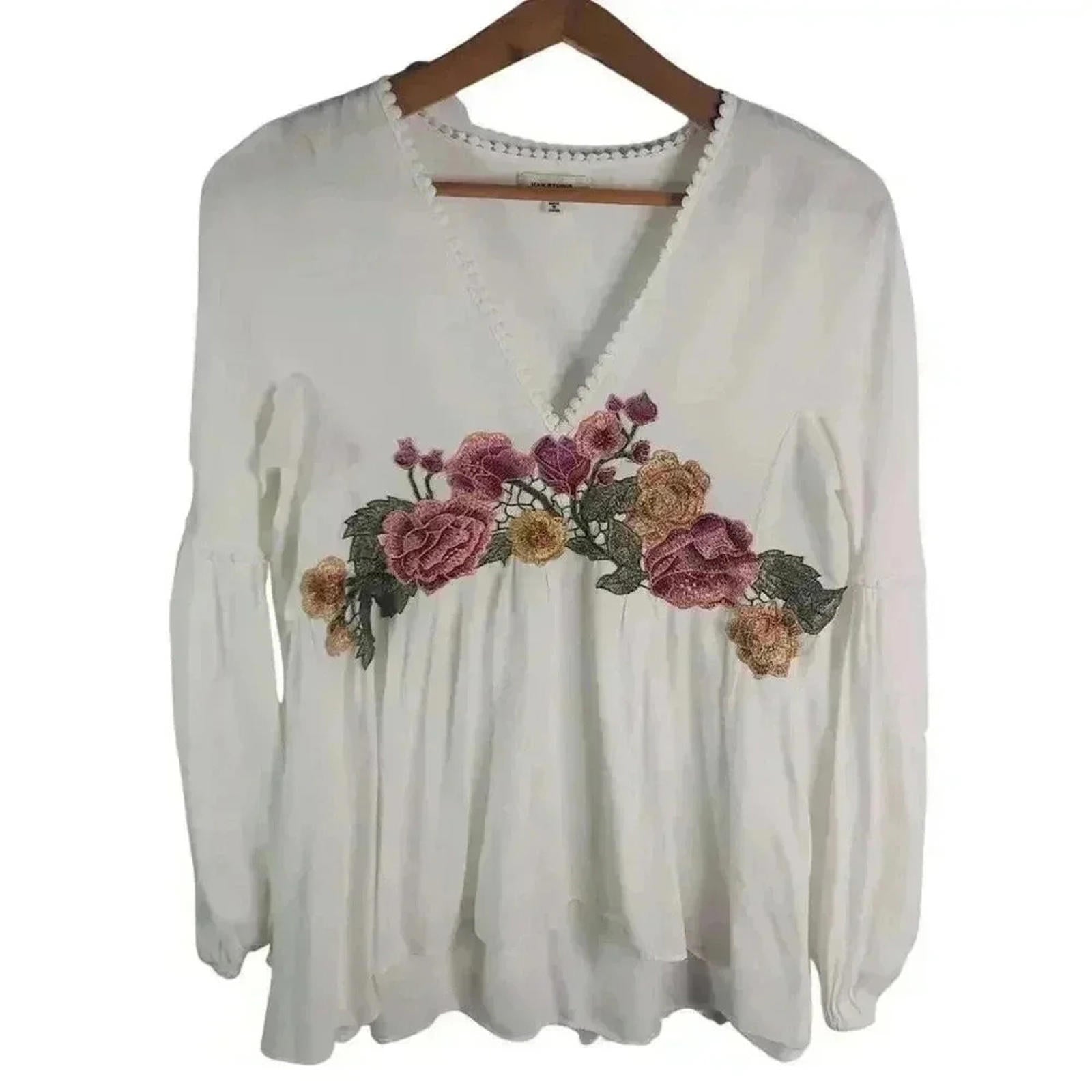 Max Studio White Pink Green Floral Embroidered Peasant Blouse Women's by Hot Girl Secondhand