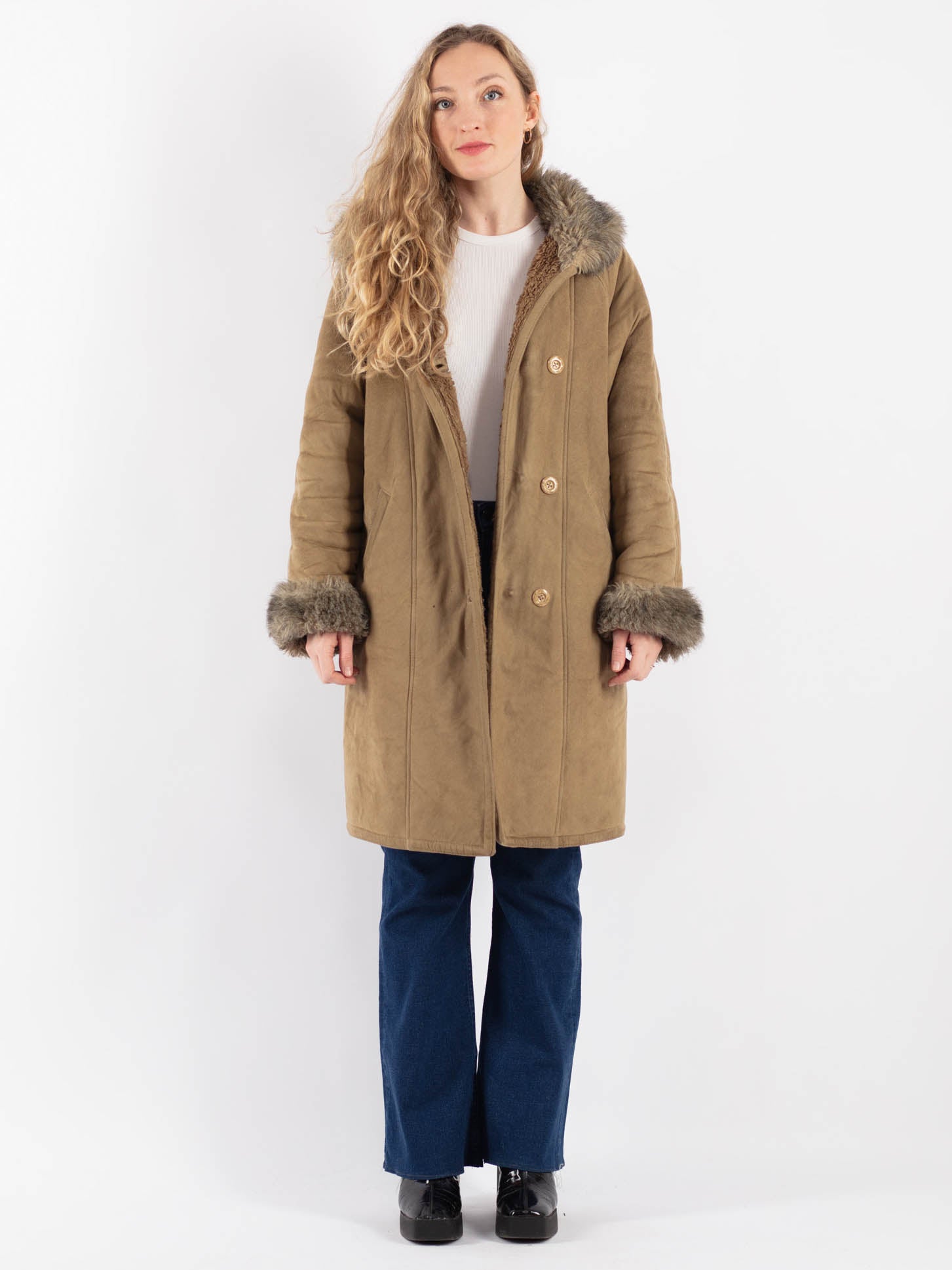 Vintage 90's Women Faux Sheepskin Coat in Beige by Northern Grip
