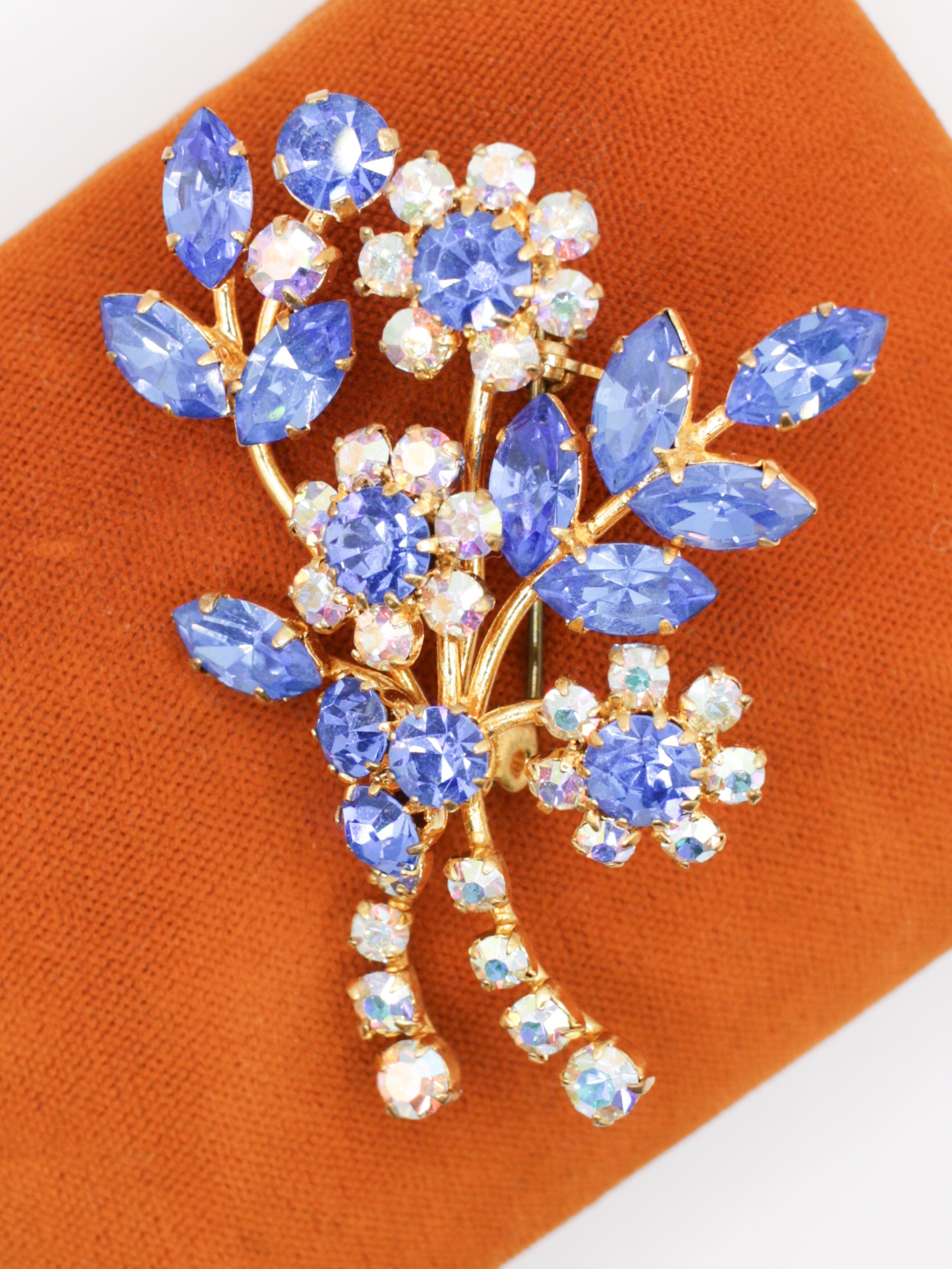 Vintage 50's Blue Rhinestone Floral Spray Brooch by Northern Grip