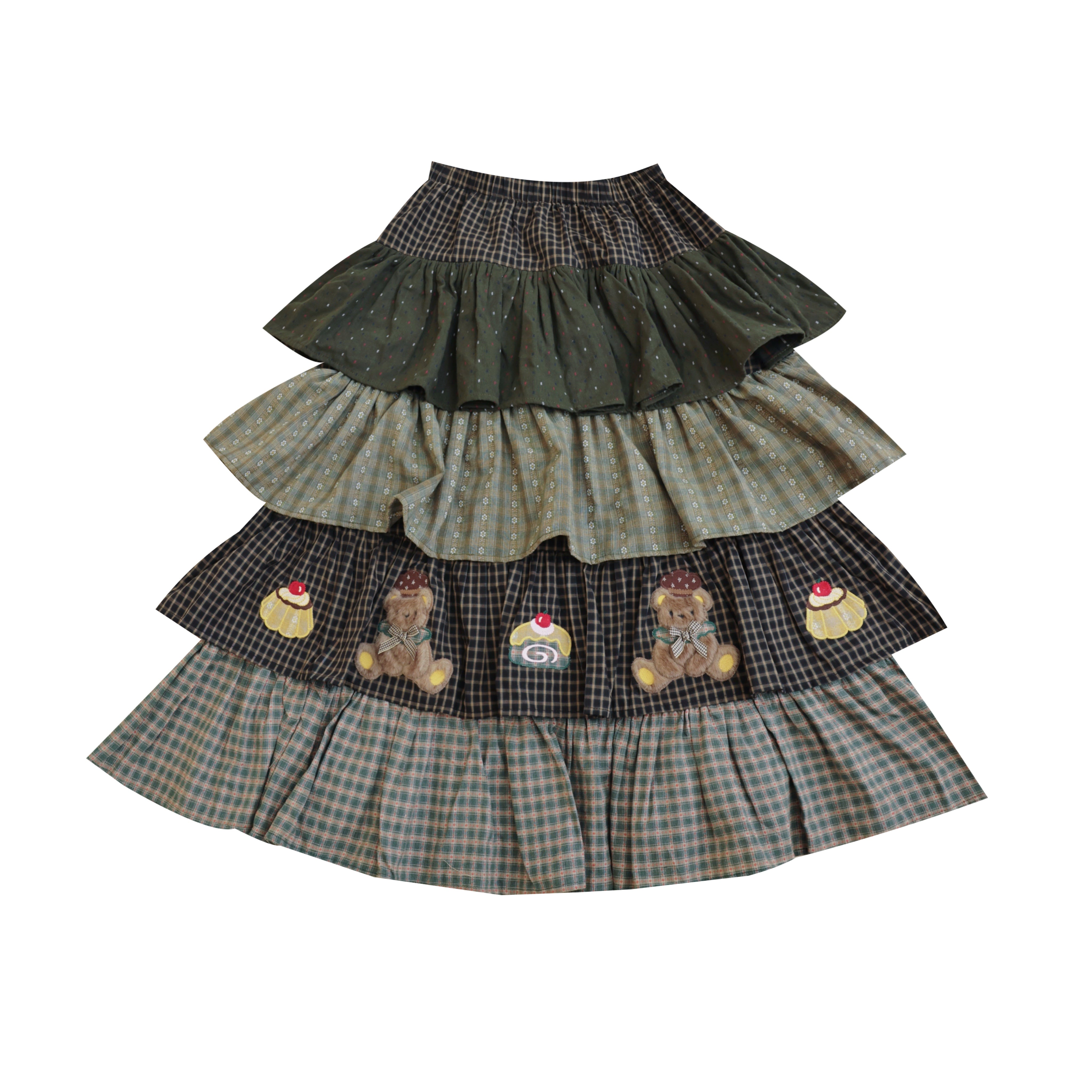 Kawaii Dark Green Bear Dessert Embroidered Ruffle Cake Skirt - Vintage Puff Mini Skirt - SemenCoicis by Land Decora