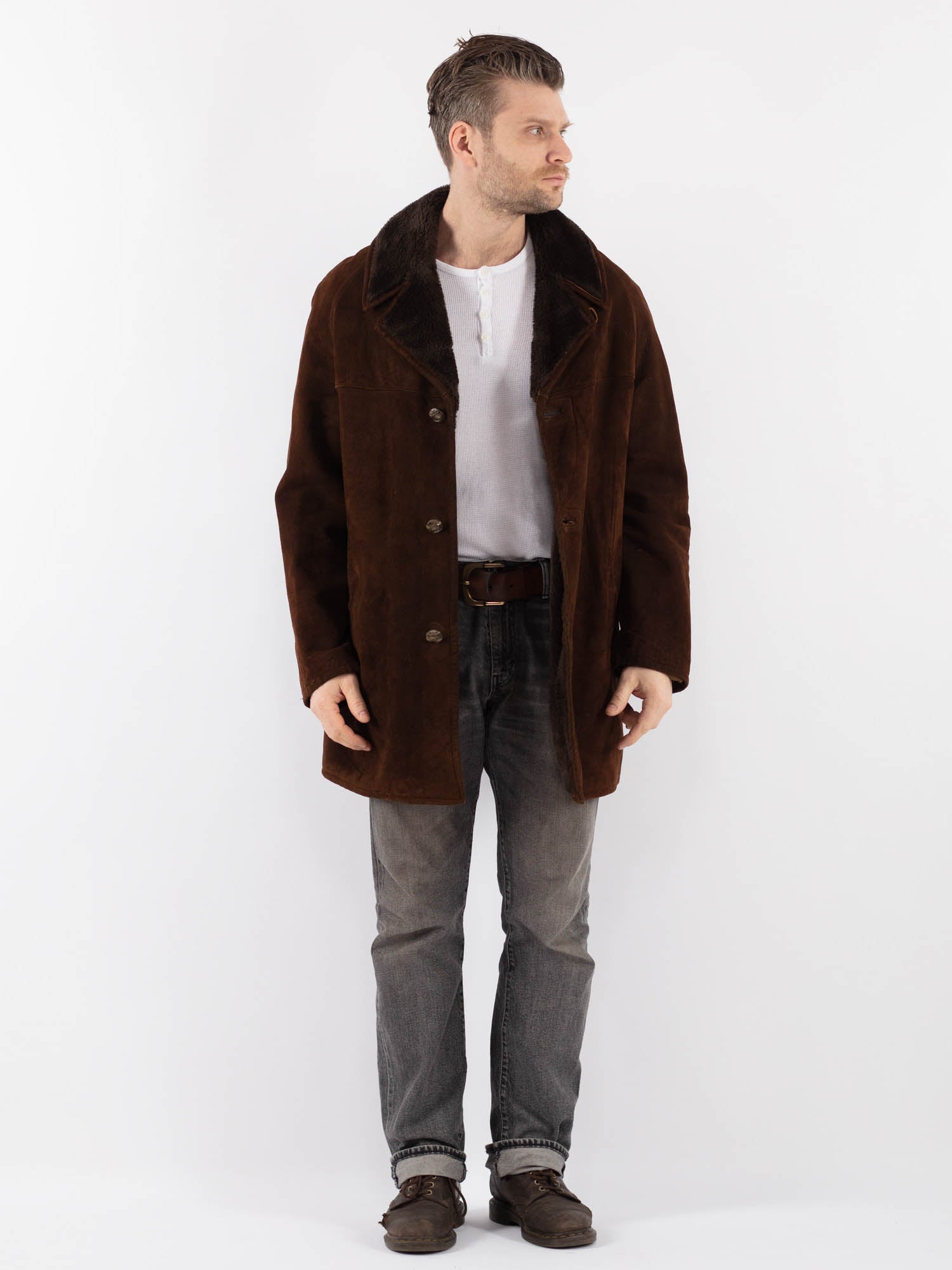 Vintage 70's Men Suede Sherpa Coat in Brown by Northern Grip