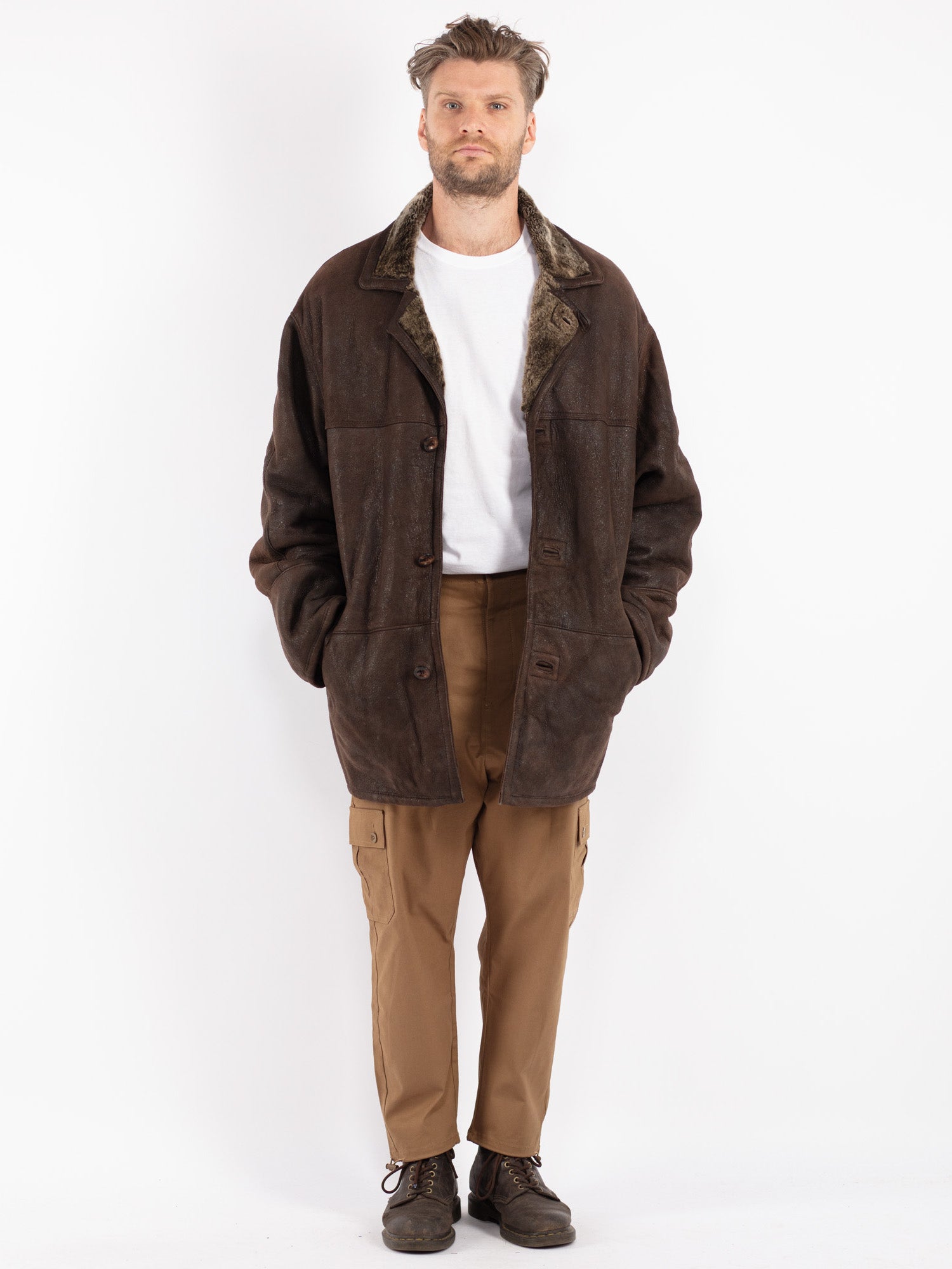 Vintage 80's Men Sheepskin Coat in Brown by Northern Grip