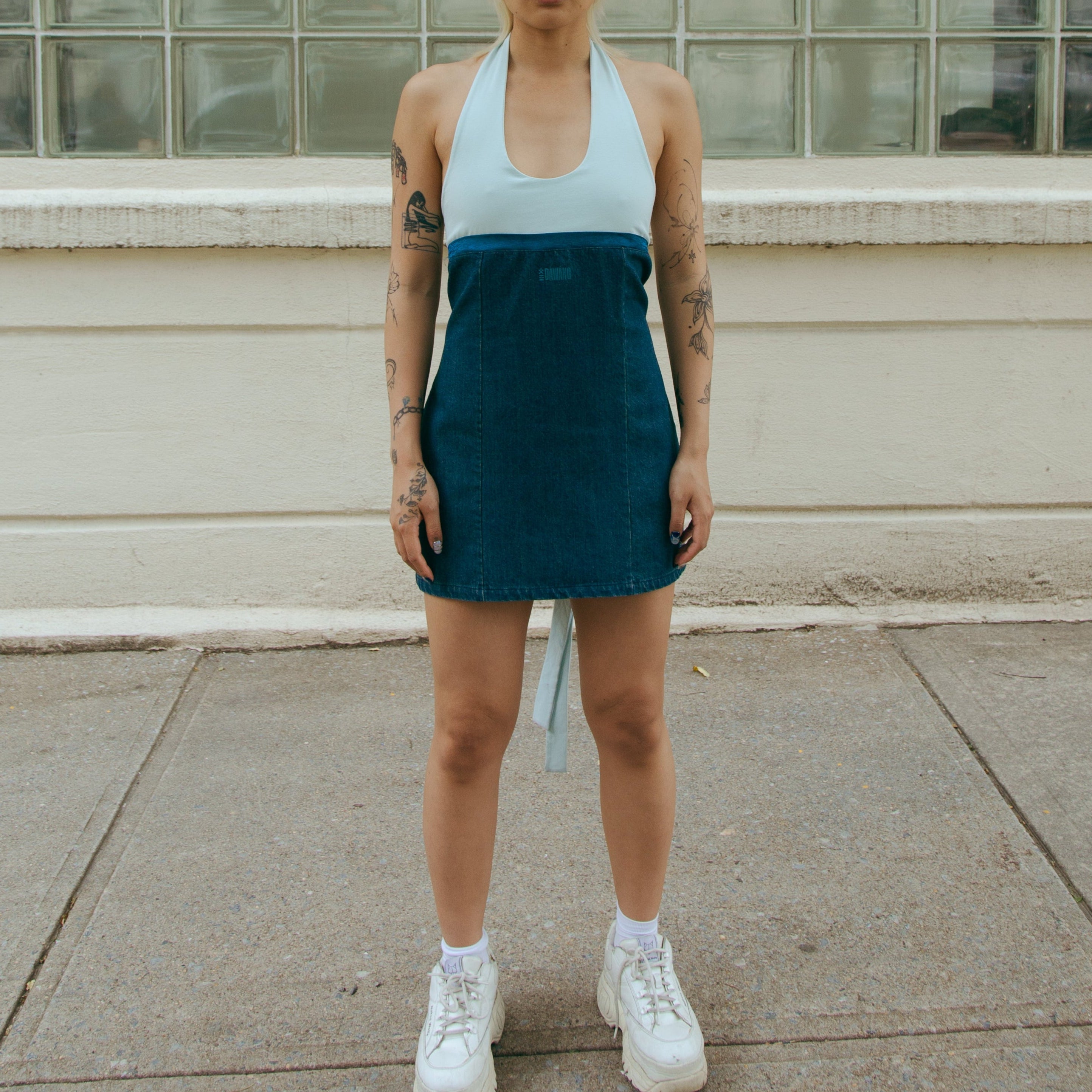 Leng Patch Denim Mini Dress by DAWANG