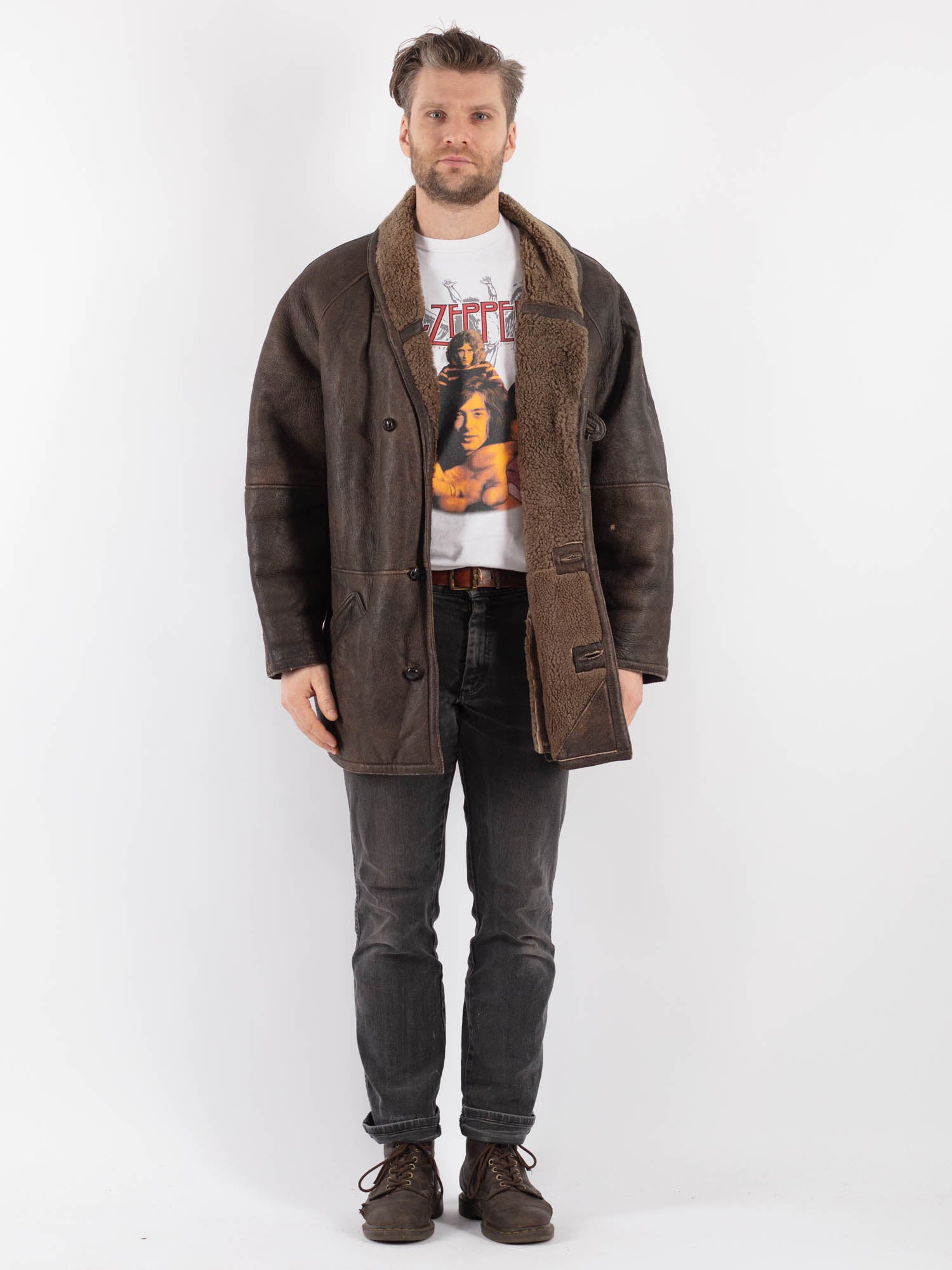 Vintage 80's Men Sheepskin Coat in Brown by Northern Grip