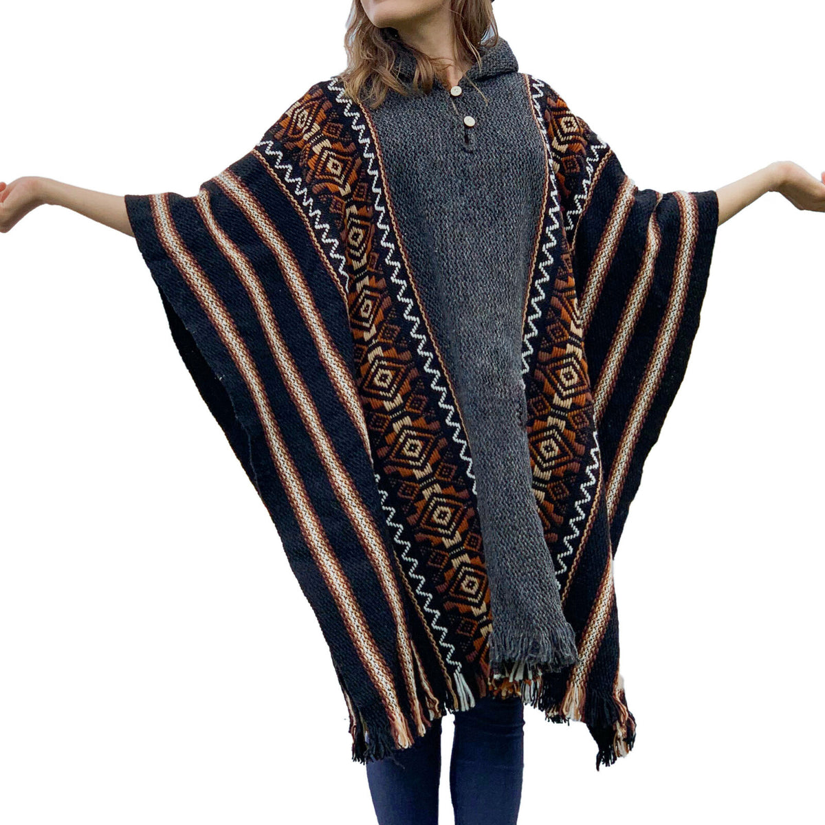 Llama Wool Unisex South American Handwoven Hooded Poncho - striped wit by ECUALAMA