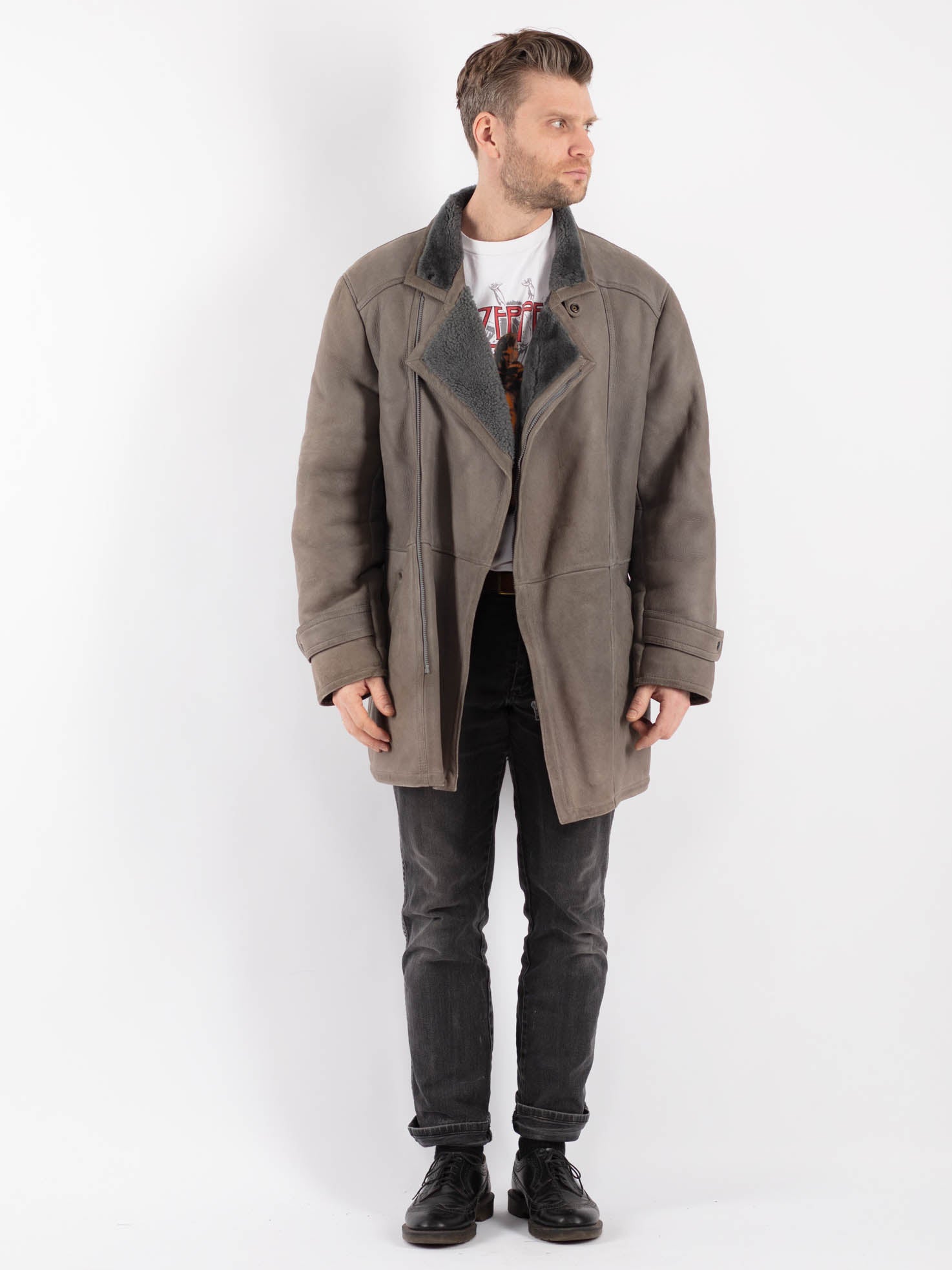 Vintage 70's Men Sheepskin Coat in Gray by Northern Grip