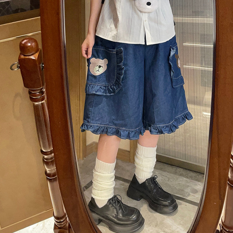 Kawaii Embroidered Bear Denim Shorts – Naive by Land Decora