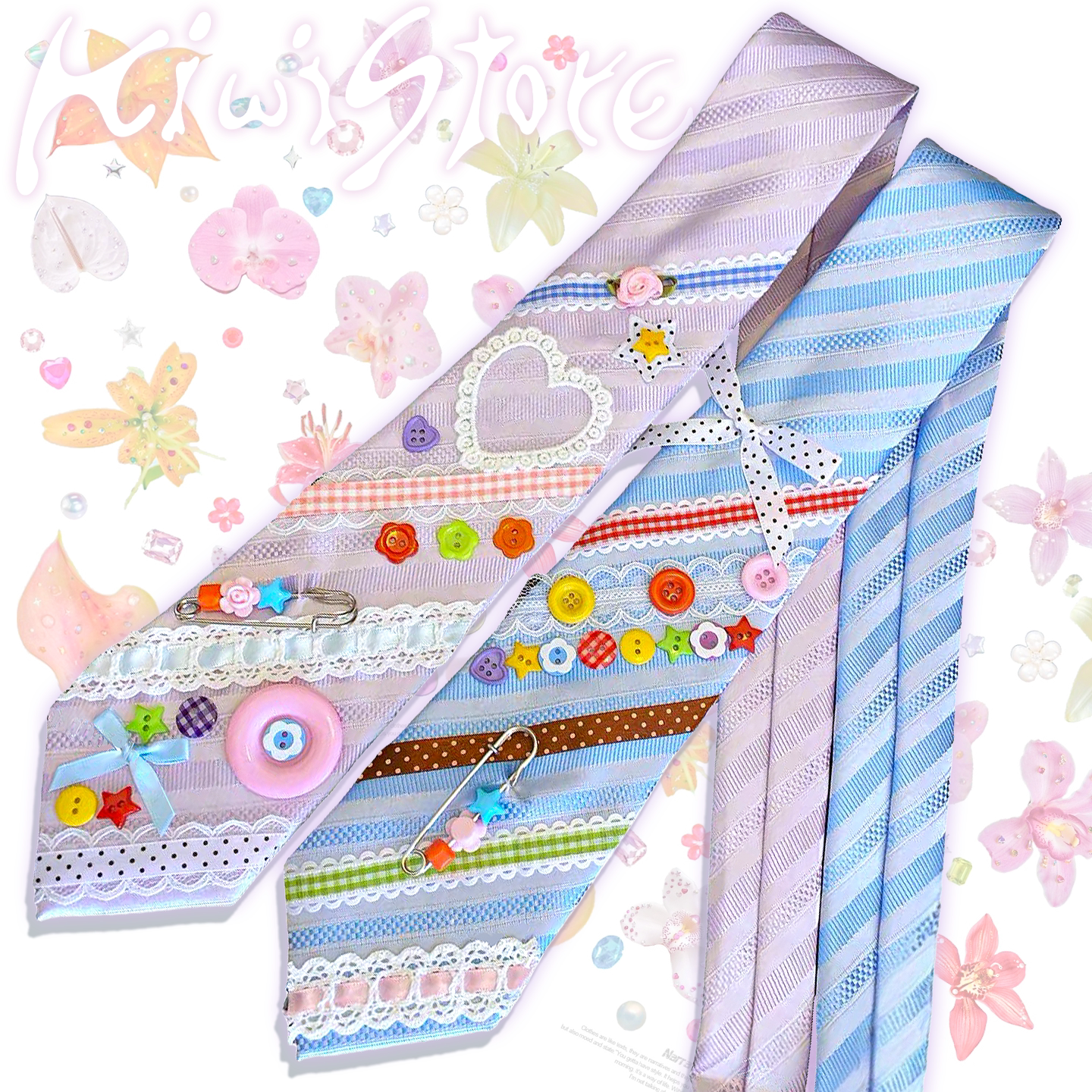 Y2K Colorful Button Pin Neck Tie | Harajuku Alt Fashion Accessory | Kiwi Store by Land Decora